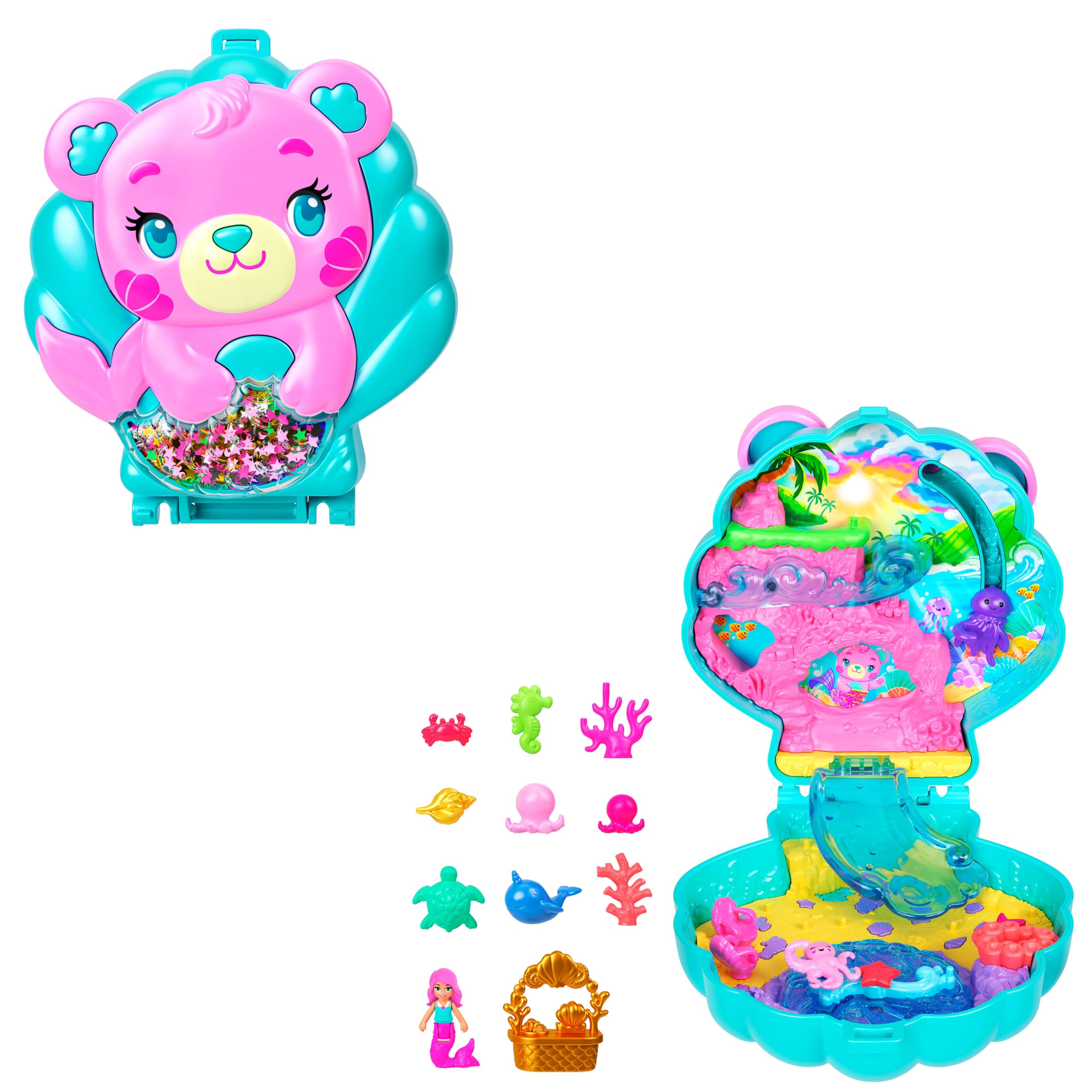 Polly Pocket Puppen und Spielset, Glitzerinsel-Schatulle, Reisespielzeug mit 1 Mini-Meerjungfrauenpuppe, Meerestieren und passendem Zubehör, JCB16