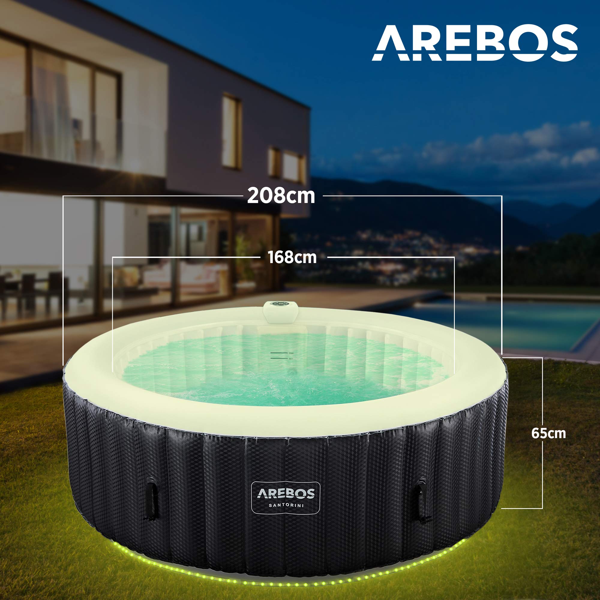Arebos Whirlpool | automatisch aufblasbar | In & Outdoor | 6 Personen | ⌀ 208 cm | LED Leuchtband | 130 Massagedüsen | 1000 Liter | Inkl. Abdeckung | Bubble Spa & Wellness Massage