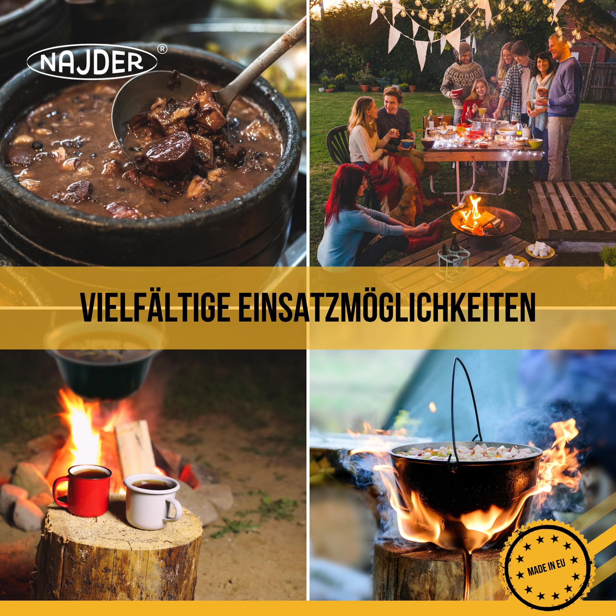 NAJDER Ungarischer Gulaschkessel, Gulaschtopf, Hängender emaillierter Kessel mit Griff, Servierkessel Emaille ohne Deckel, Hängender Topf, Kochkessel aus hochwertigem, emailliertem Stahl, 6L
