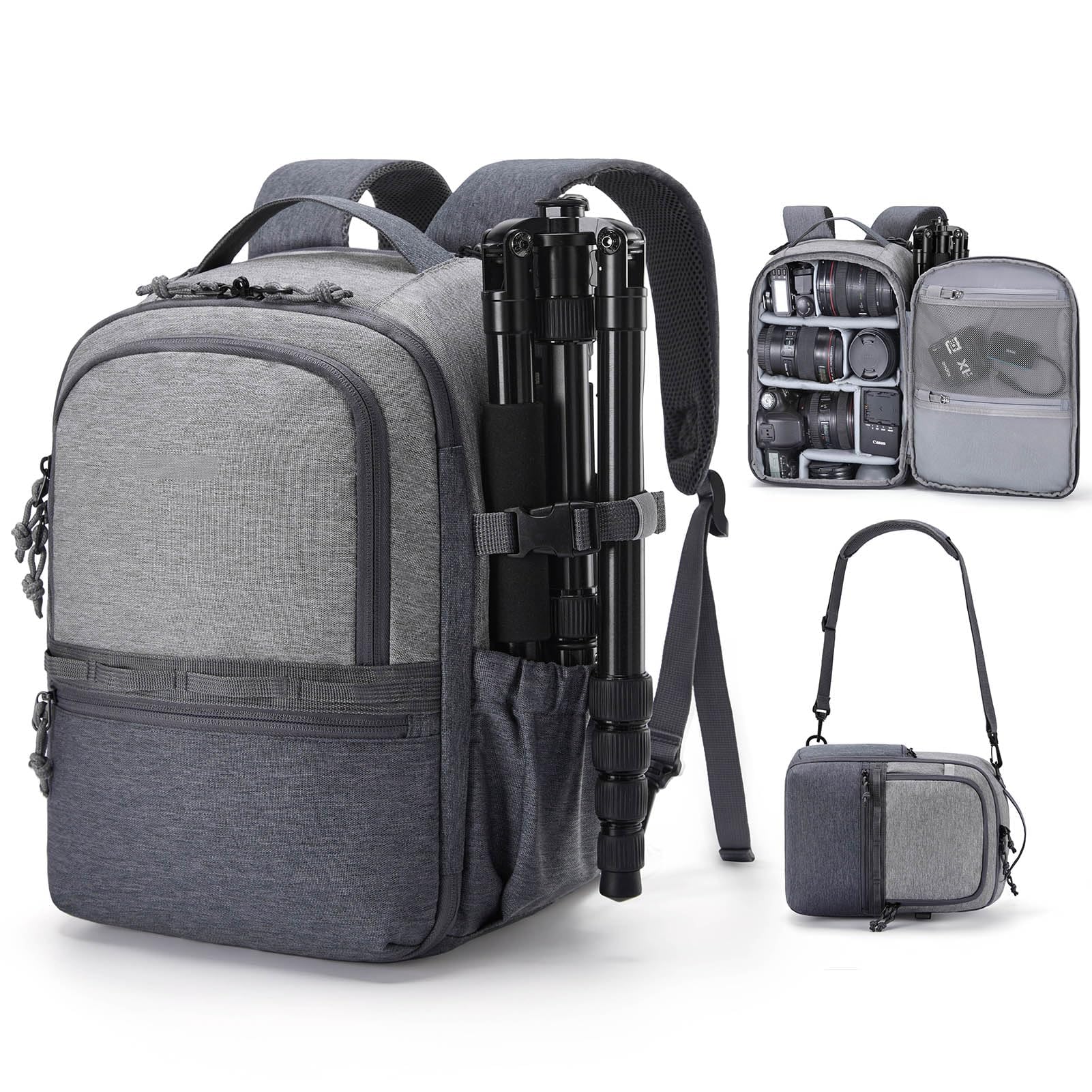 Kompakter 2-in-1 Kamerarucksack für Fotografen, kompatibel mit Sony Canon Nikon DSLR Kameras und 12,9 Zoll Tablet, umwandelbar in Umhängetasche für vielseitige Reisen, Beige, grau, L, Casual