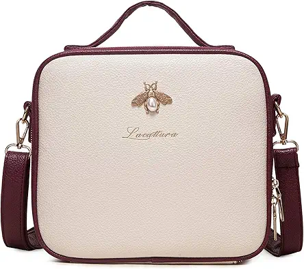 LACATTURA Travel Makeup Bag, Leather Cosmetic Organizer with Shoulder Strap for Women, White