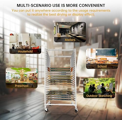 Miniatura 6 de Kojem Estante de secado de arte ajustable, estante de pintura móvil con 4 ruedas, ideal para escuela y estudio de arte