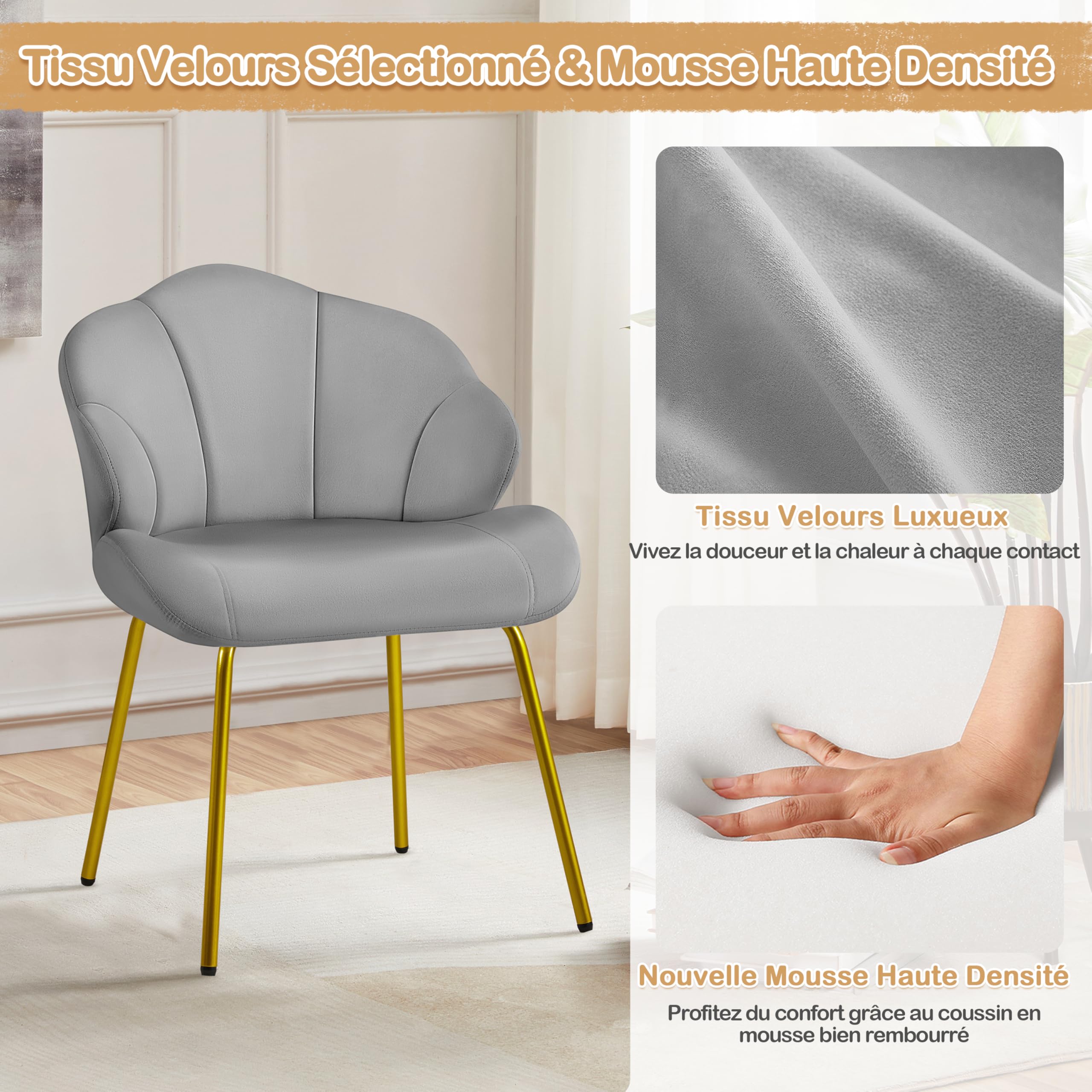 Yaheetech Fauteuil de Salon Moderne, Design Coquillage, Chaise de Chambre à Coucher Confortable, Rembourré, Ergonomique, Fauteuil en Velours avec Dossier, Pieds en Métal Plaqué Or Gris Clair