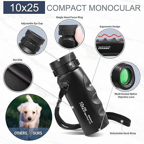 Miniatura 3 de Astromania Monocular compacto impermeable de 10 x 25 pulgadas para adultos y niños, observación de aves, teatro y conciertos, juegos de caza y