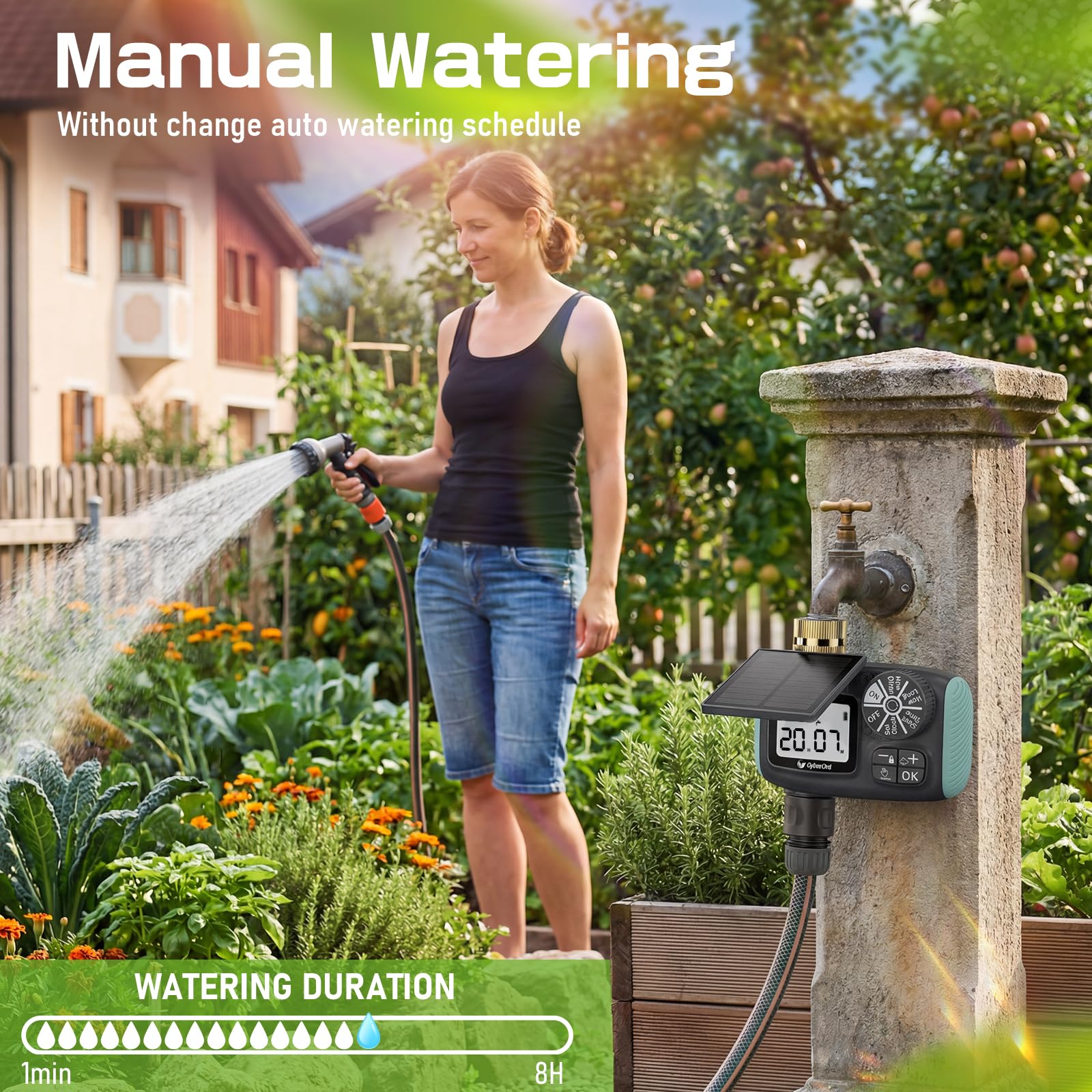 Programmateur Arrosage Automatique Recharge Solaire, Minuteur Arrosage Retard De Pluie, Programmable par Semaine/Heures/Jours d'intervalle, Programmateur d'arrosage pour Jardin,Cour,Pelouse