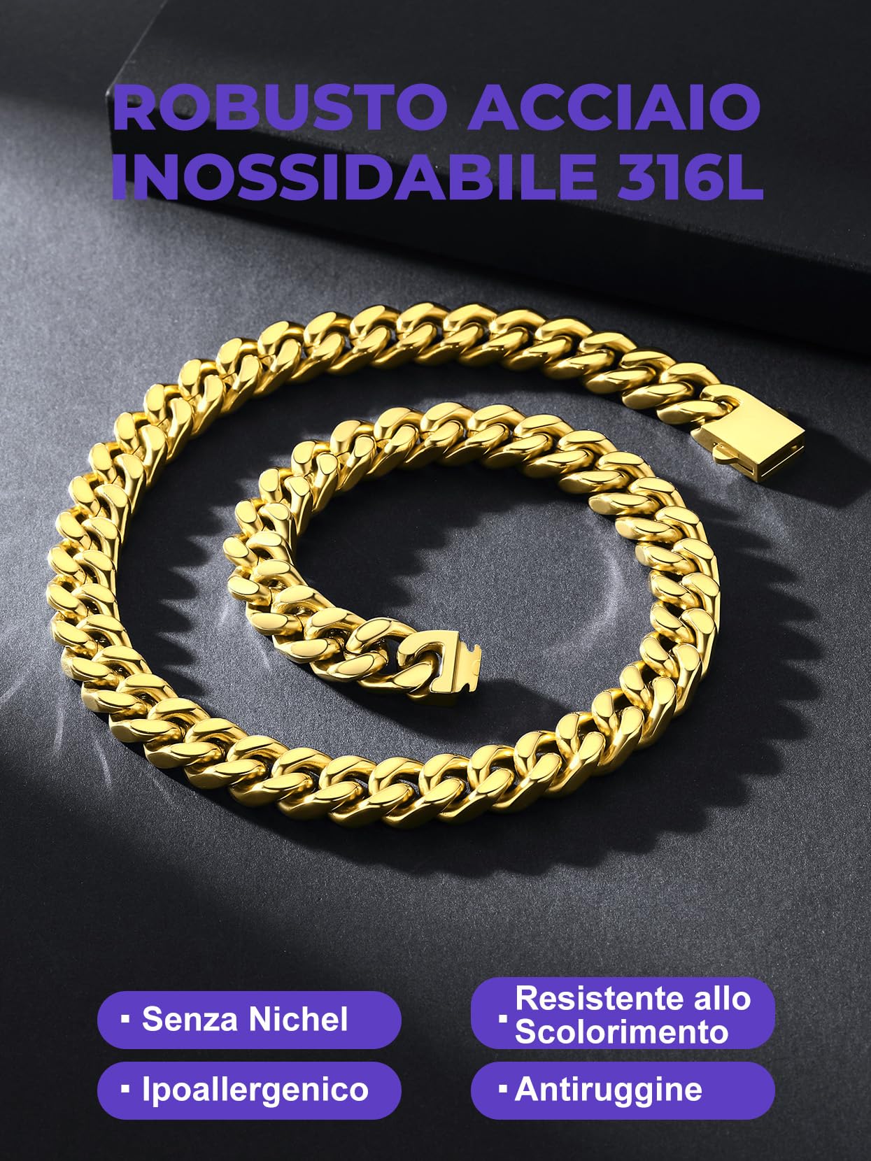 Richsteel Collana Uomo Catena Cubana Spessa Hiphop Punk 5/7/9/12 MM Fibbia Comoda Conveniente Collana Uomo Acciaio Inox Nero Oro Antiallergico Impermeabile Alta Qualità Regalo Rgazzo Padre