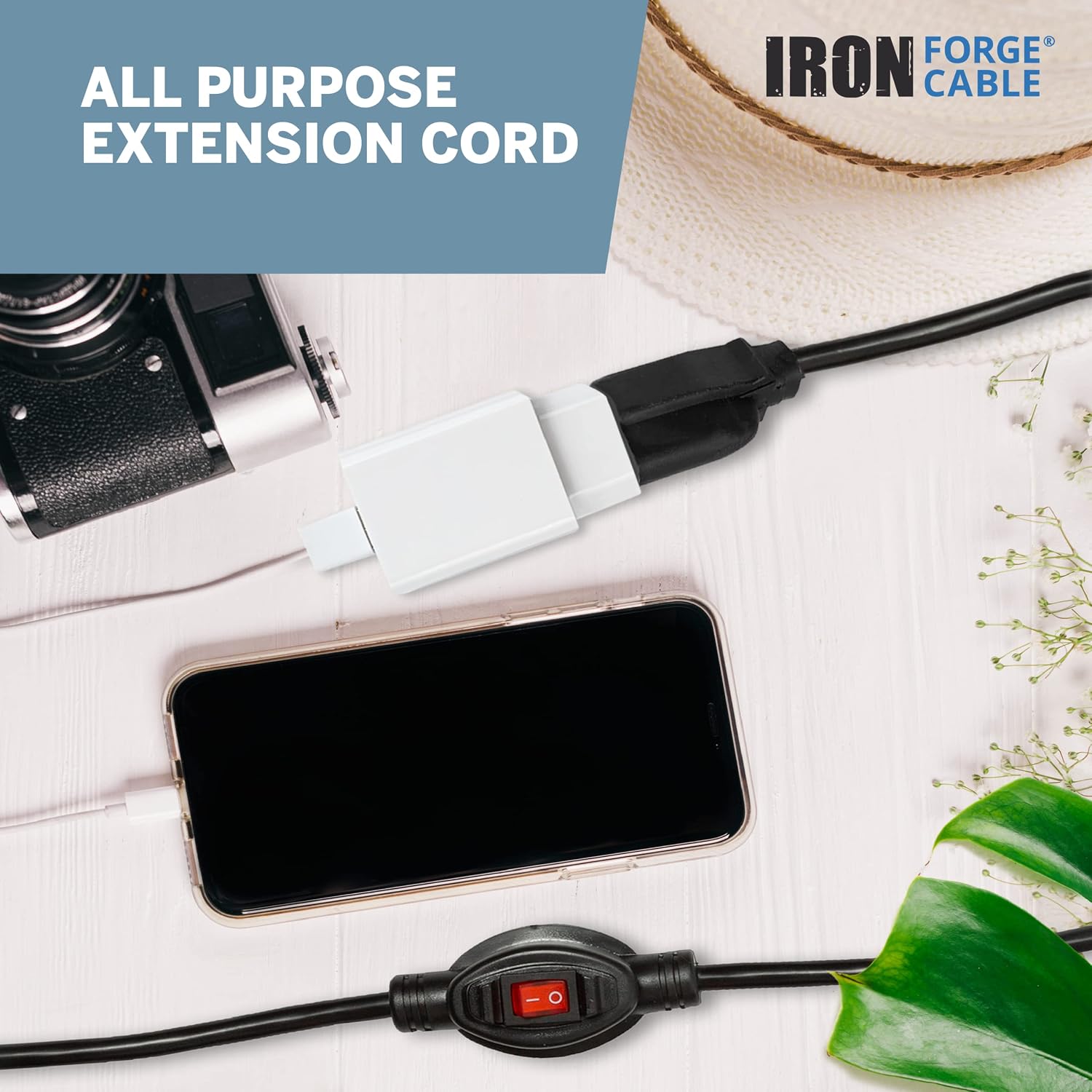 Iron Forge Cable 6 Ft Black Extension Cord with Inline Switch On/Off, 16/3 SJTW 3 Prong with in Line Switch On Off Power -10 AMP Cord - ETL Listed