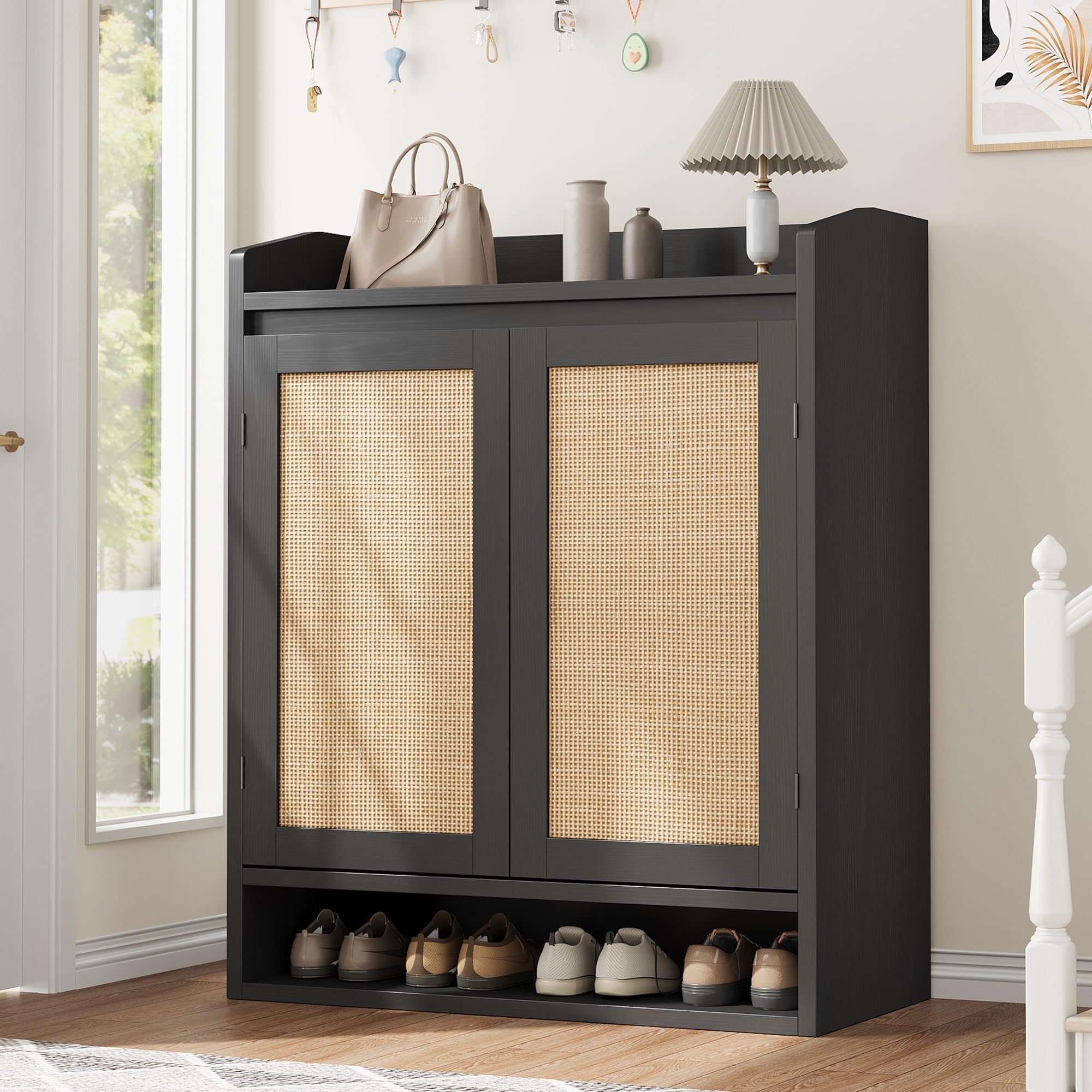 Modern Rattan Shoe Cabinet for Entryway, Wooden Shoe Storage Organizer with Adjustable Shelves, Closed Shoe Rack Cabinet for Hallway, Living Room,