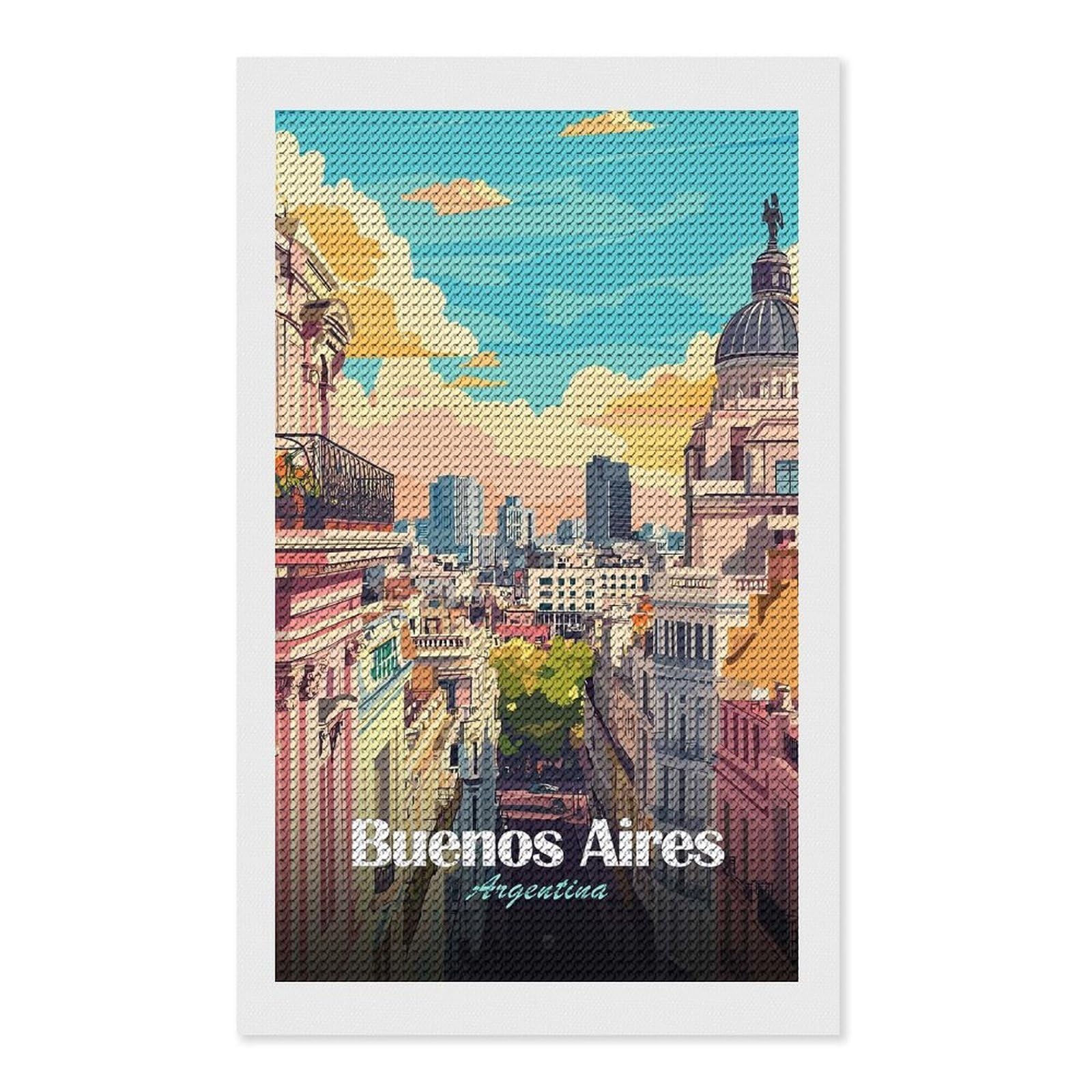 Junmoney Buenos Aires, Argentina Cityscape Illustration Diamond Painting Canvas Set 12"x20", Easy to Enjoy, Adhesive Canvas, Office Decor, Holiday Gift Idea, with Tool Kit