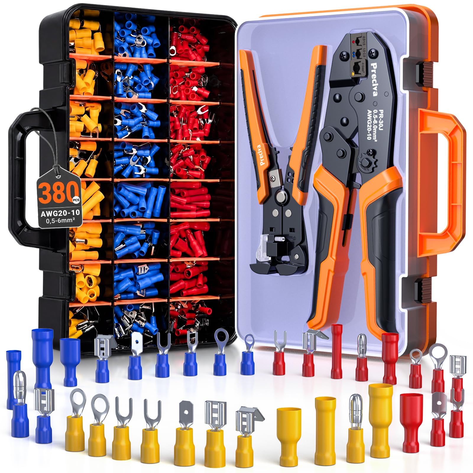 Preciva Crimpzange Set, mit 380 Stück Kabelschuhe und Abisolierzange, Ratschen Crimpzange für Kabelschuhe 0,5–6 mm² (AWG 20–10), für KFZ, Maschinenbau, Hausreparatur und Elektroinstallation
