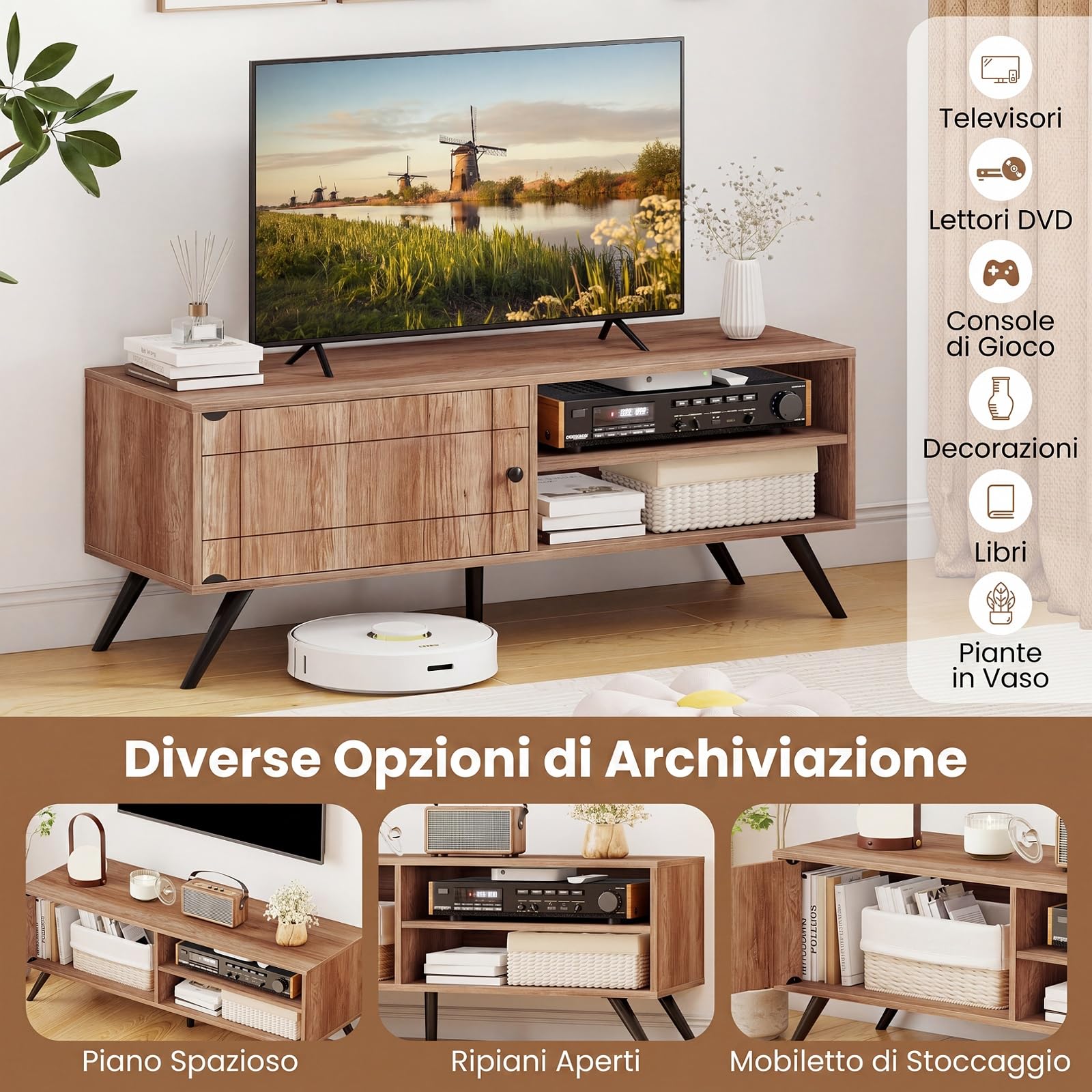 COSTWAY Mobile Porta TV in Legno, Fino a 55 Pollici, Mobile TV Soggiorno | Stand Videogiochi e DVD con 1 Anta, 2 Scomparti e Passacavi, per Camera da Letto, Soggiorno, 120 x 40 x 44,5 cm
