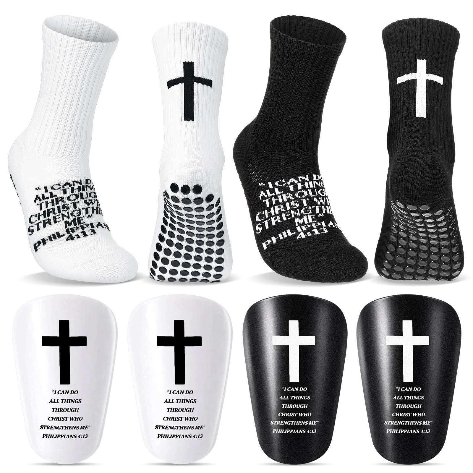 Cuffbow 2 Pairs Mini Soccer Shin Guards with 2 Sets Cross Grip Socks, Small Christian Socks, Bible Verse Soccer Socks, Religious Sports Sets