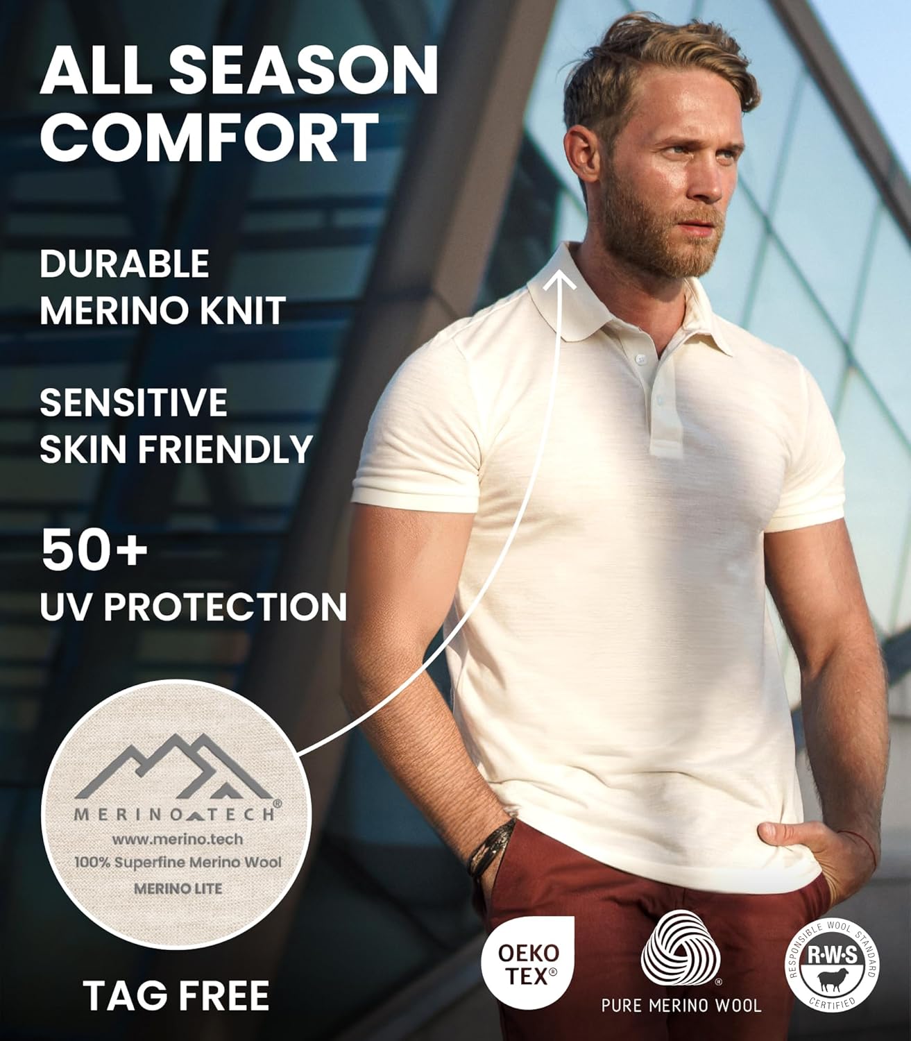 Merino Wool Polo Shirt Men - Anti-Odor 100% Merino Wool Shirts for Men Short Sleeve and Long Sleeve Breathable Polo - Image 3