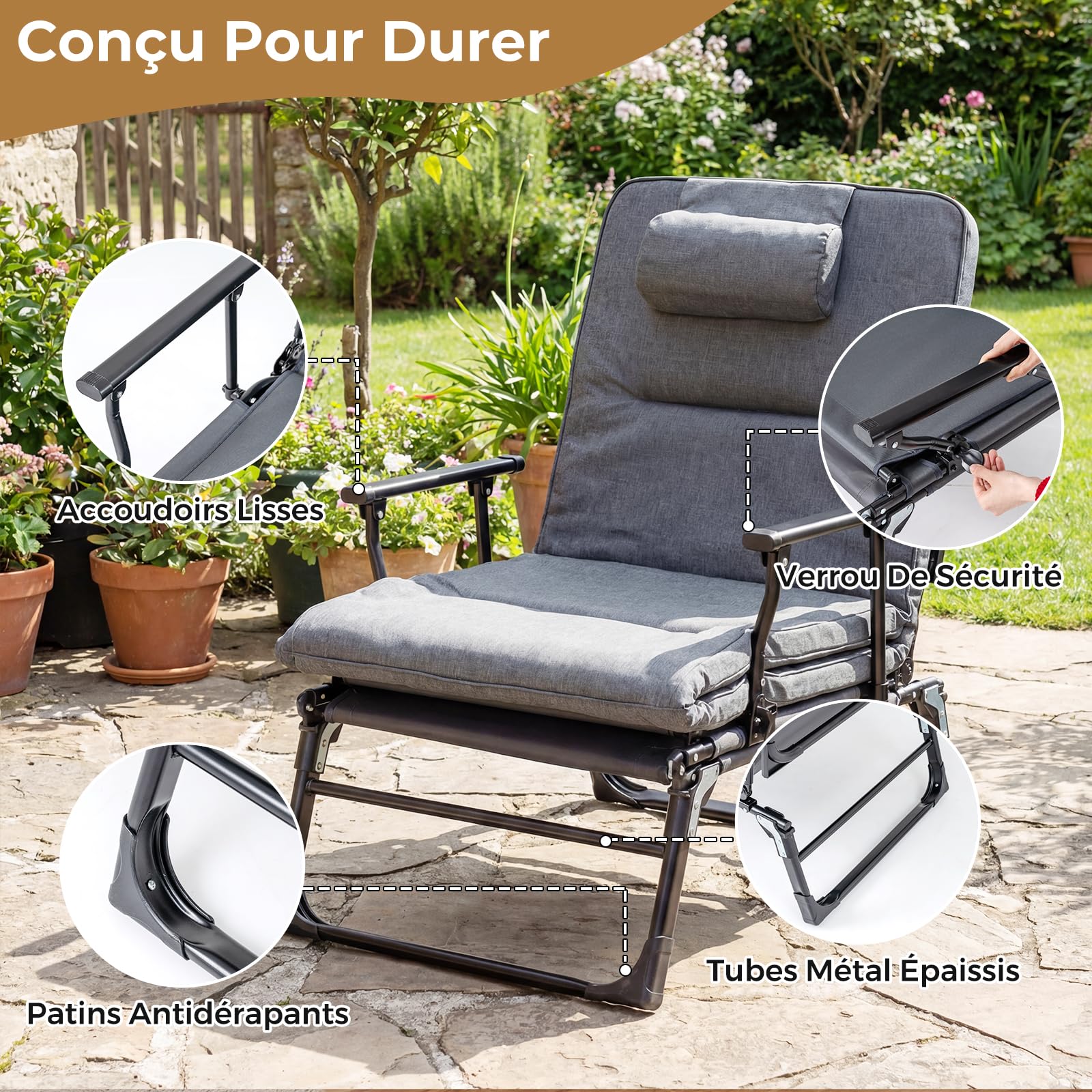 COSTWAY Lit de Camp Pliable 1 Personne, Fauteuil Convertible, Dossier Réglable à 6 Positions, Coussin Intégré, Cadre en Métal, Lit Pliante pour Camping Cour Bureau, Charge 200 kg