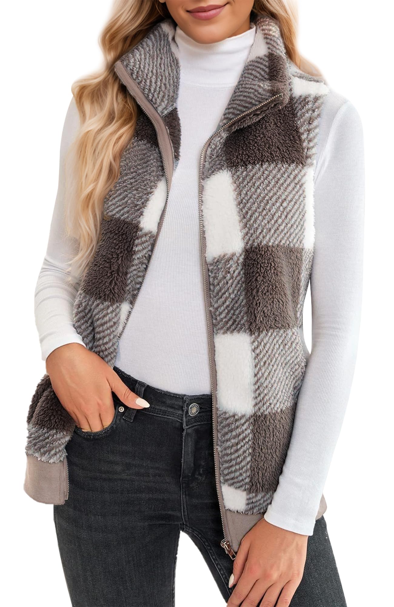 Maeau - Gilet à Carreaux Femme Polaire Sans Manches Manteaux Polaire Zippé Veste en Peluche Chaud Léger Gilet Slim Décontractée Automne Hiver avec Poche - Kaki - XL
