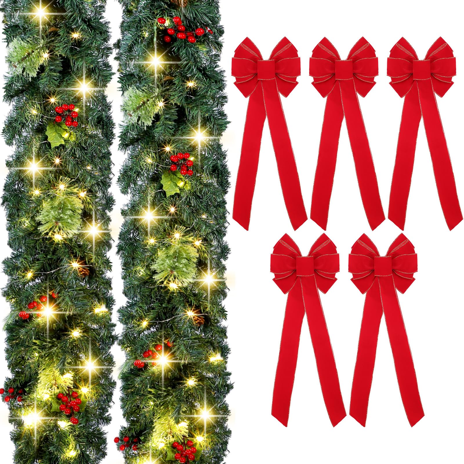 Hotop 2 Pcs 9 ft Prelit Artificial Christmas Garland with Lights and 6 Large 10.2 x 26 Inch Red Christmas Bows Large Wreath Bows Christmas Garland with Pine Cones for Xmas Indoor Outdoor Home Decor