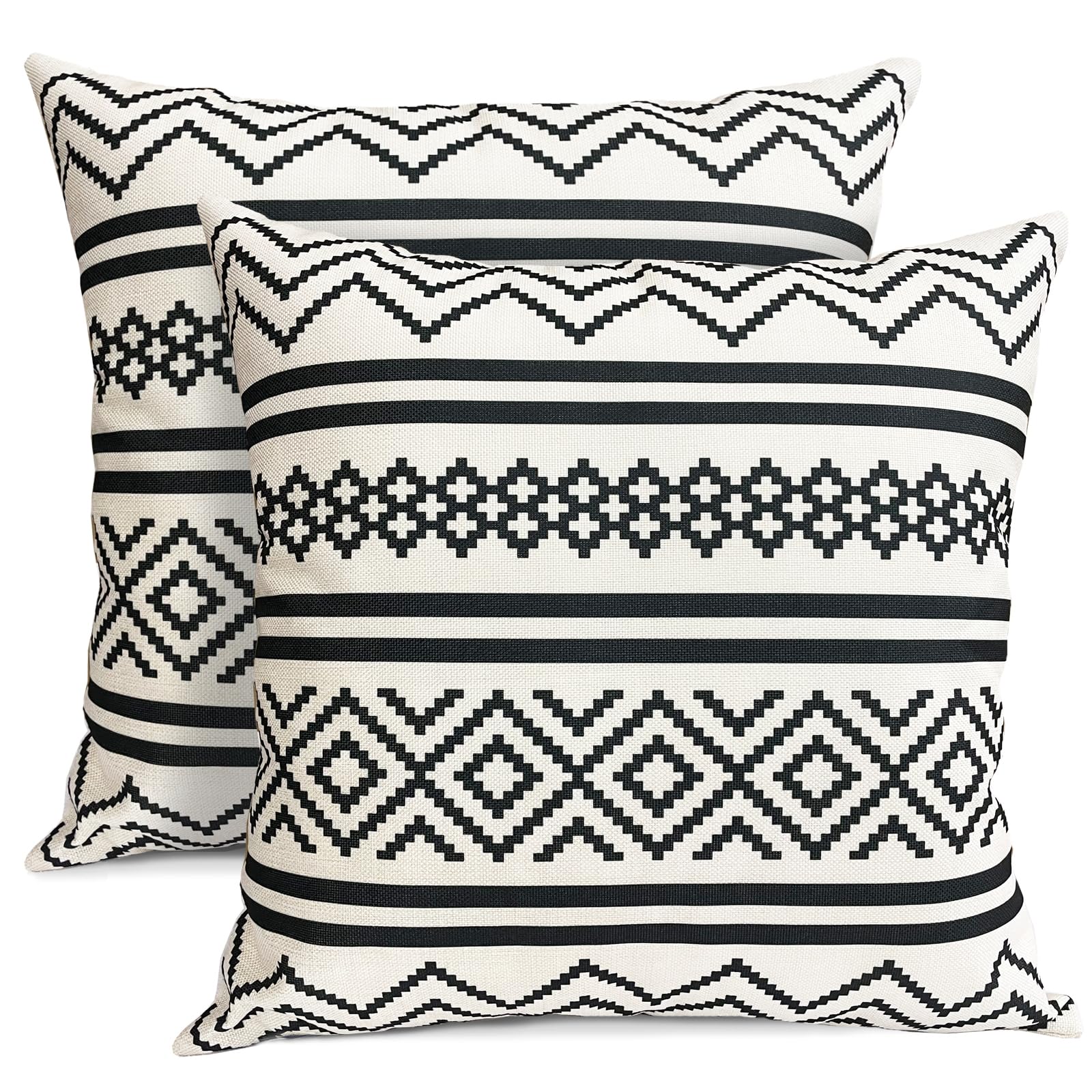 RYSMIYOU Decorative Throw Pillow Covers Set of 2 Black Boho Pillow Covers 16x16 Inch Throw Pillow Cover Linen Pillowcase Modern Boho Farmhouse Outdoor