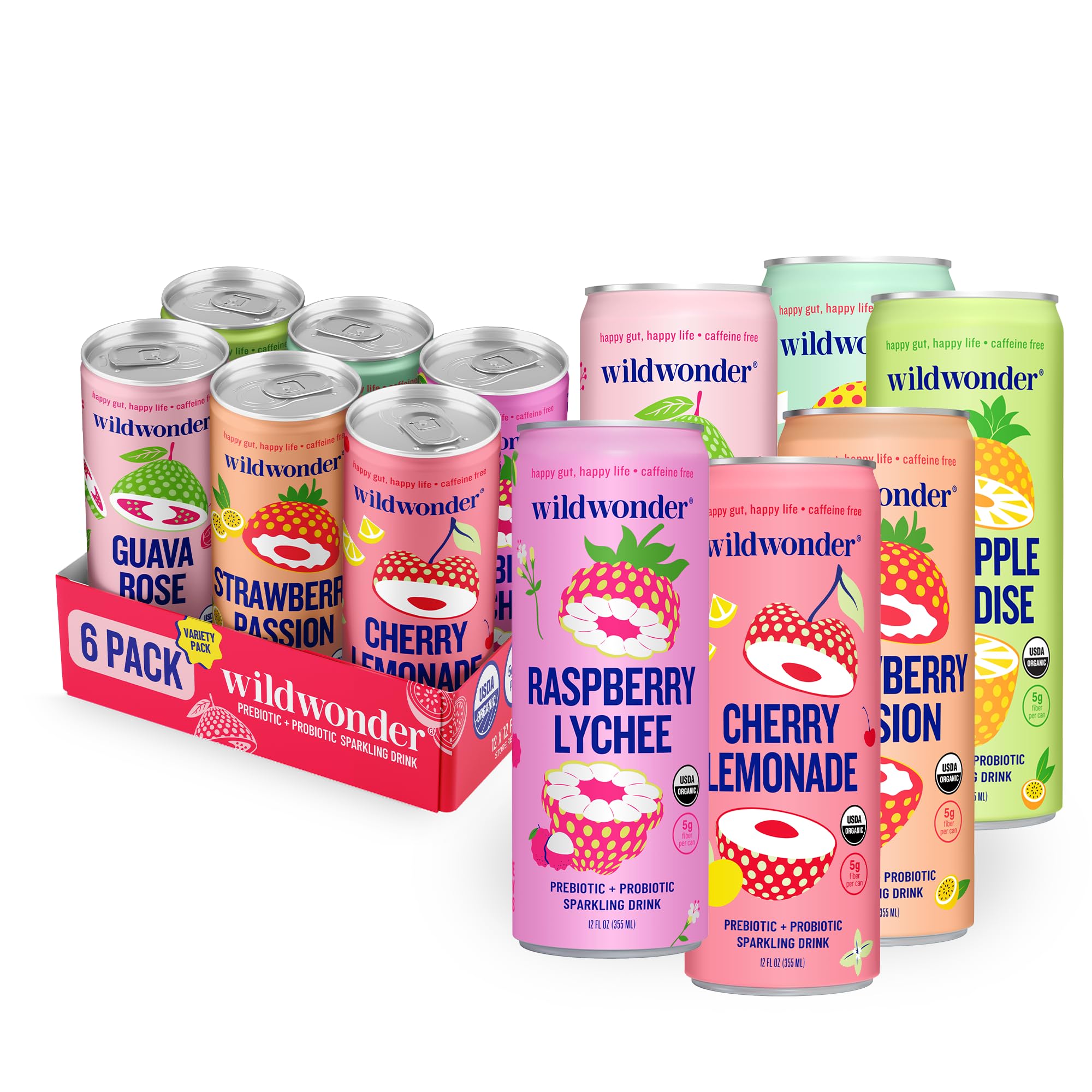 Sparkling Probiotic Juice Drink w/Gut Health Immunity & Support 5g Fiber, Live Probiotics, Caffeine Free, Organic, Vegan, Low Sugar, 6pk 12oz, Classic Variety Pack, As Seen on Shark Tank