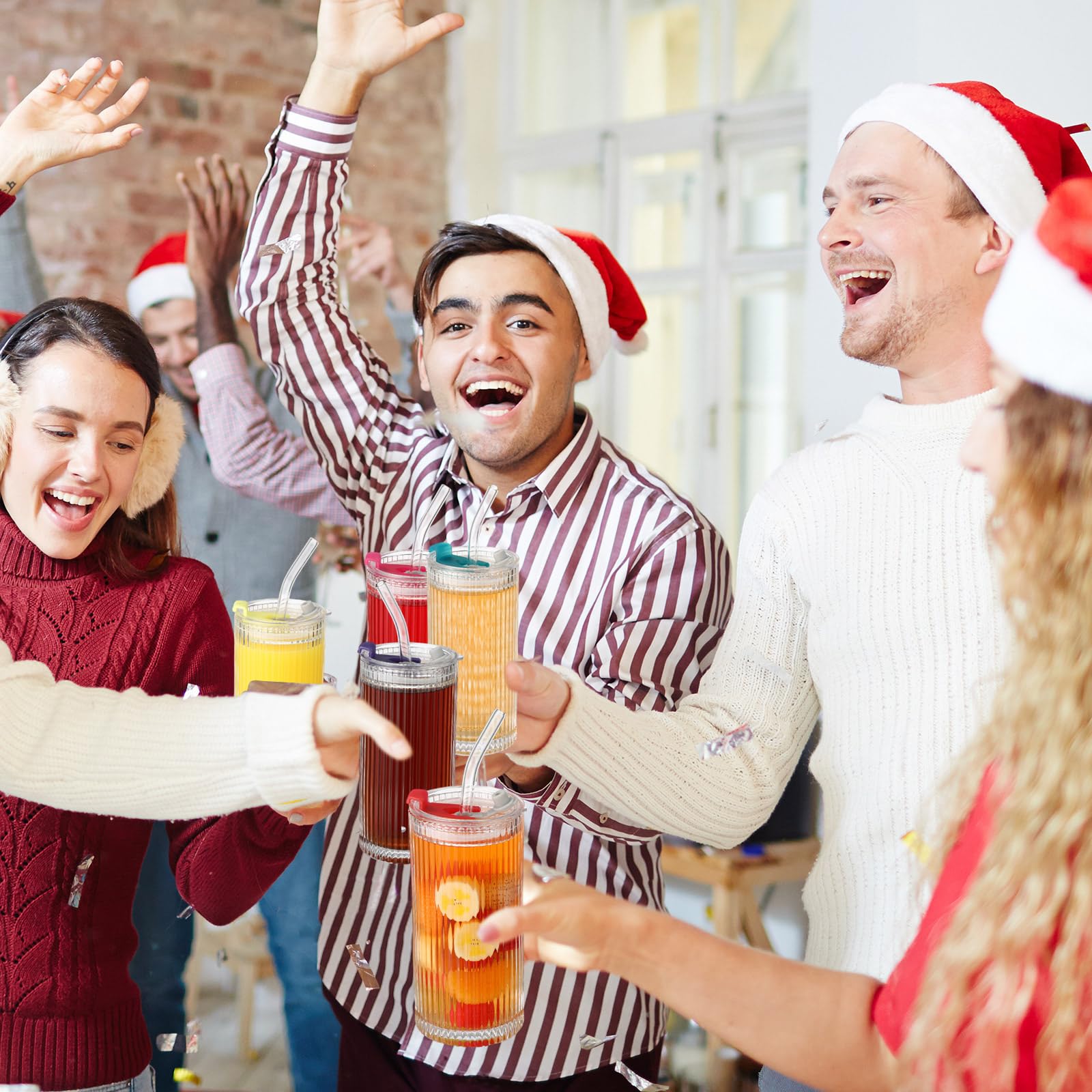 Mumufy 8 Set Ribbed Glassware Vintage Drinking Glasses with Straws and Lids 12.5 oz Iced Coffee Cup Glass Cups Fluted Glassware Juice Drinking Vintage Tumbler Sets for Beer Smoothie Whiskey Cocktail