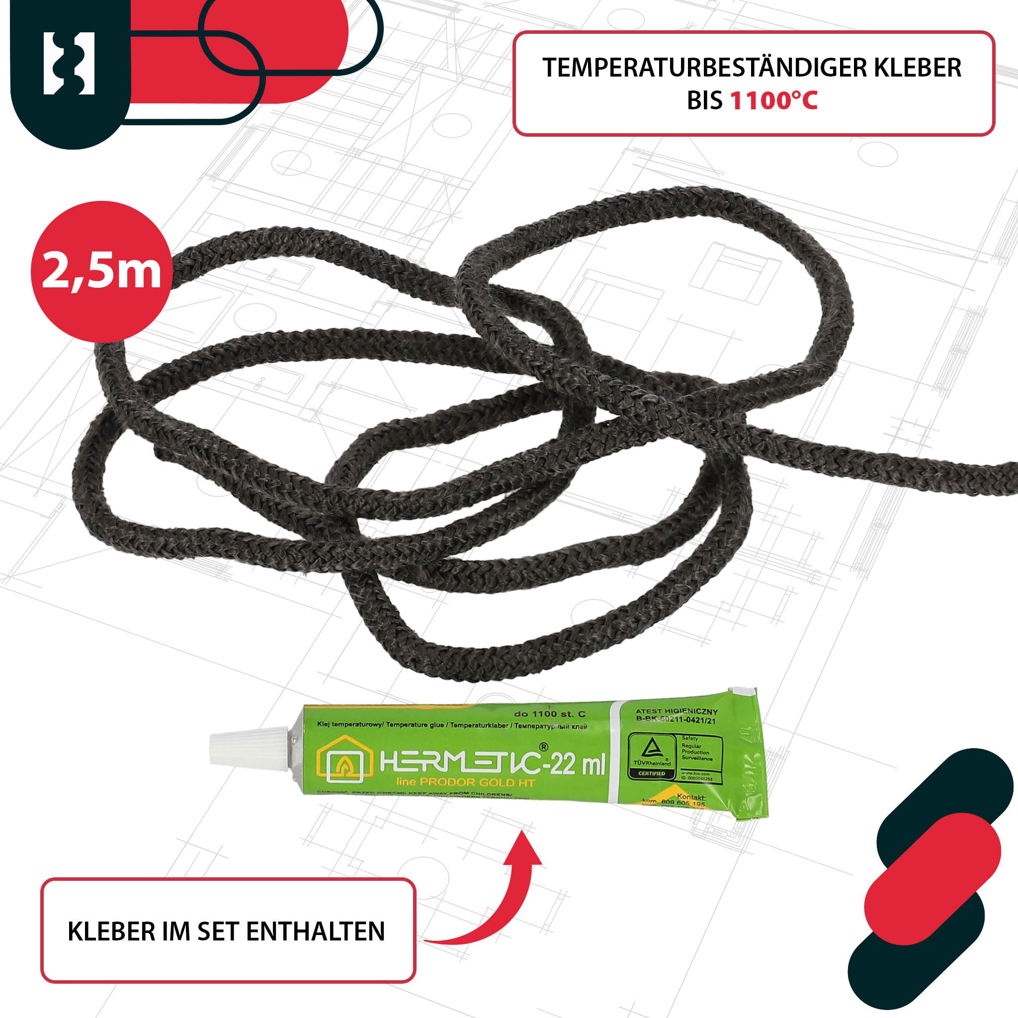 KOTARBAU Afdichtingskoord voor kachel, 2,5 m, glasvezelkoord, diameter