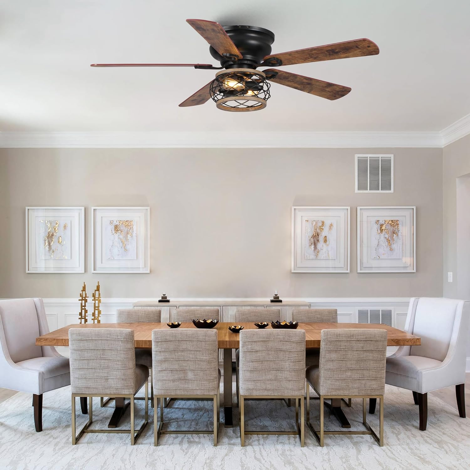 Parrot Uncle Ceiling Fans with Lights and Remote, Farmhouse Flush Mount Ceiling Fans for Bedroom Living Room, UL Listed Rustic Low Profile Fan Indoor Outdoor, Reversible AC Motor, 5 Wood Blades