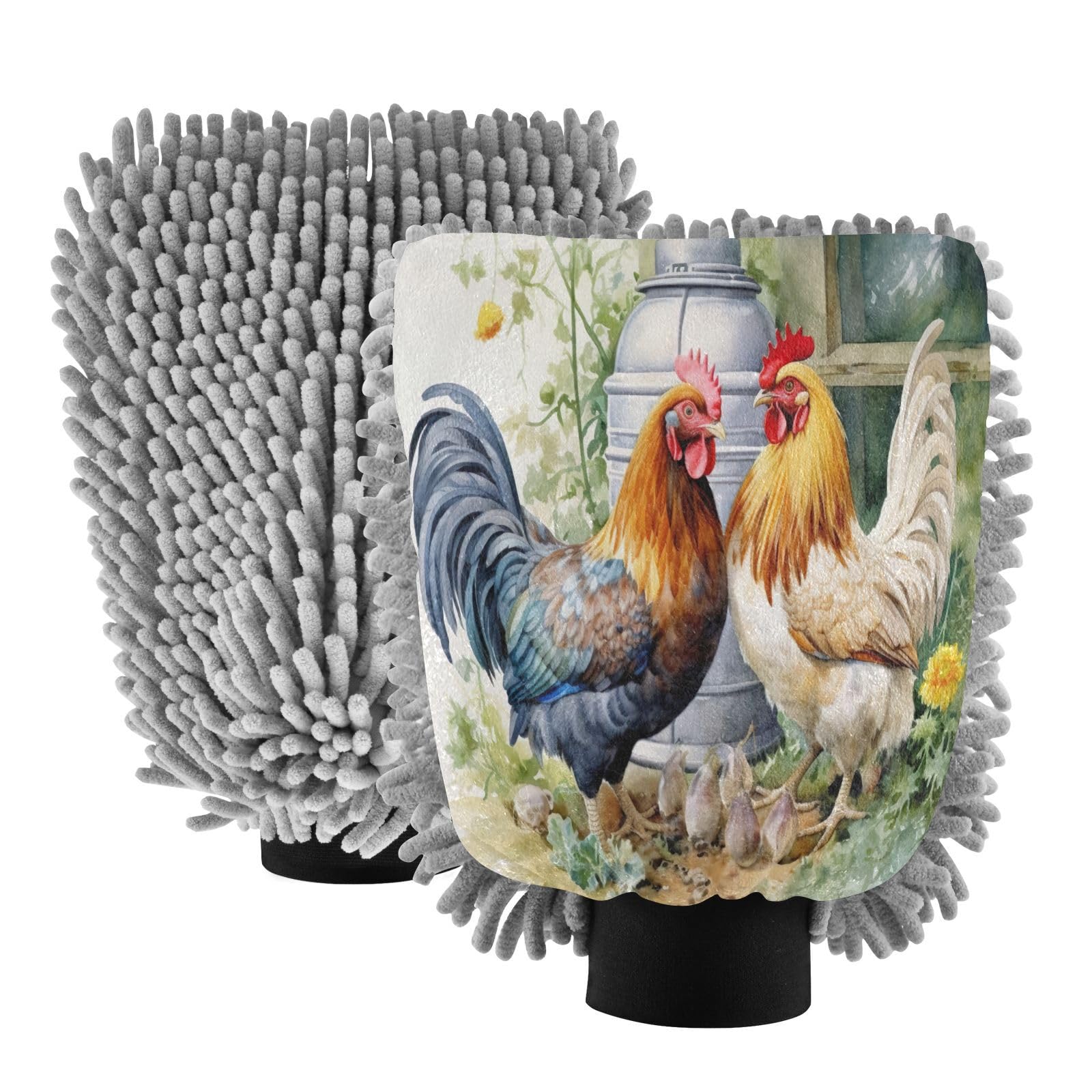 Flradish 2 Pack Cute Rooster Car Wash Mitt Chenille Microfiber Lint-Free Scratch Free Ultra-Soft Absorbent Car Wash Mitt 11.8x8.07 Inch