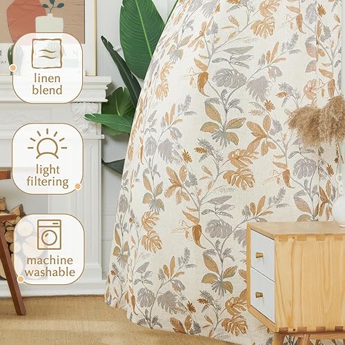 Miniatura 7 de jinchan Cortinas de lino para sala de estar, cortinas de otoño con estampado de hojas tropicales, cortinas botánicas de lino con bolsillo para
