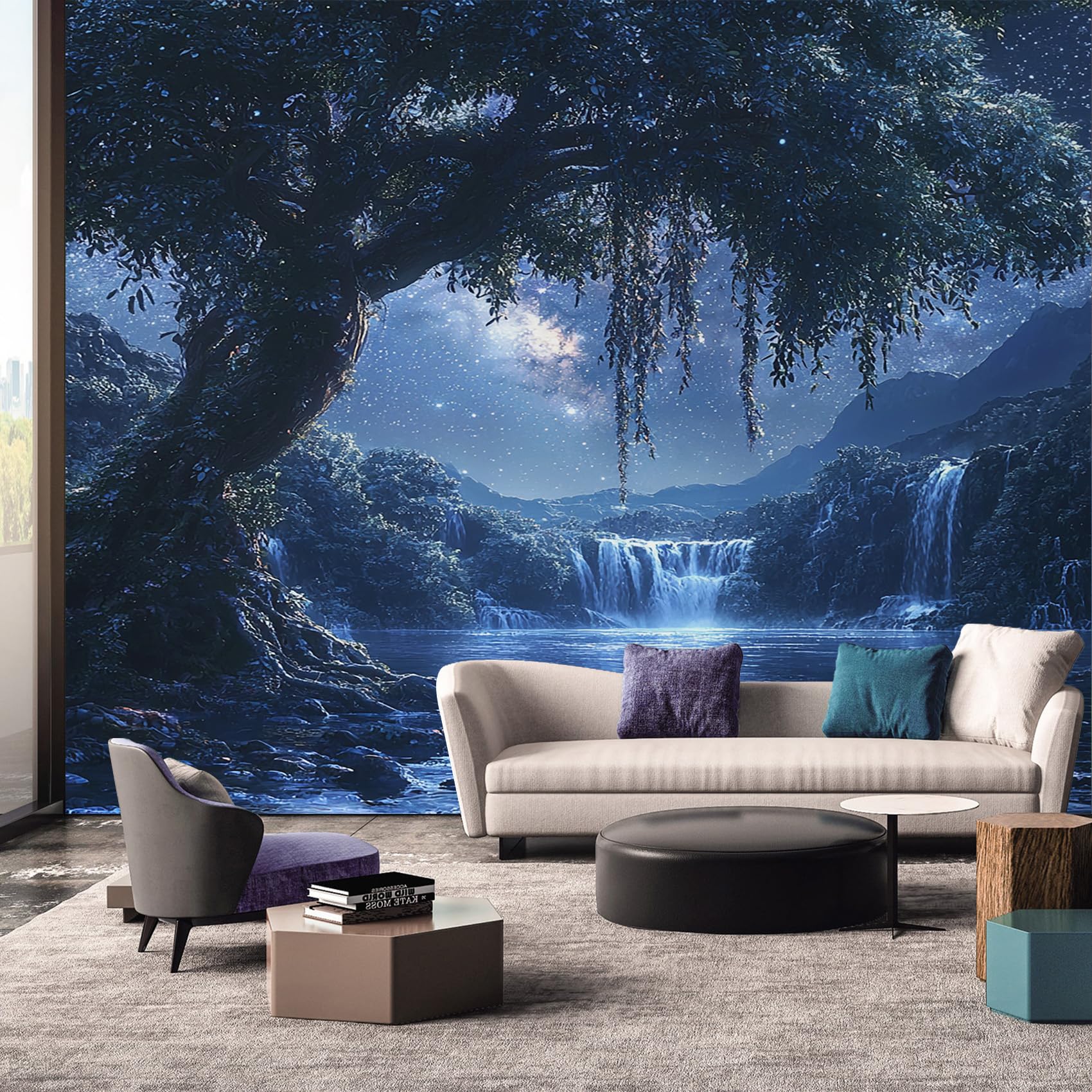 Tree Lake Wallpaper - Starry Sky Fantasy Night Wall Mural - Wall Murals for Living Room Bedroom - Photo Wallpaper & Home Decor Art - 305 x 244 cm A-3964