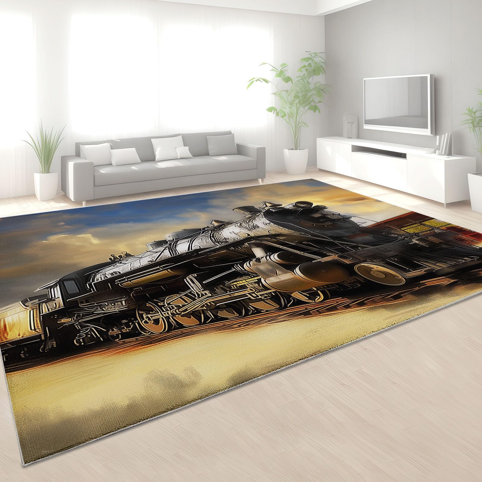 Style Peinture l'huile Tapis Lavable en Machine 160x230 cm Moquette Vieux Train Vapeur Poils Courts Doux, Tapis Intérieur Antidérapant Résistant pour Salon Chambre Chambre d'enfant et Entrée