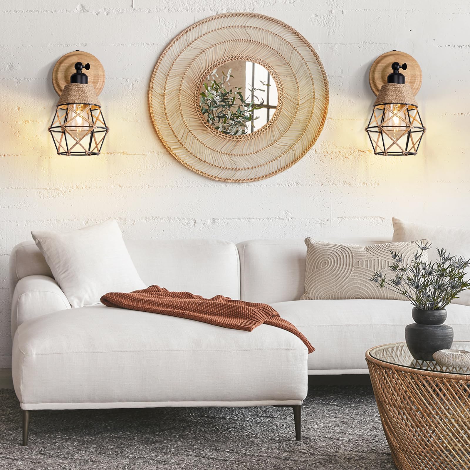 HYMELA N06 Battery Operated Wall Sconce Set of 2, Rechargeable Wall Lamp with Rope & Iron Lampshade, Rustic Cordless Wall Light Fixtures, Wood Sconces for Living Room Bedroom Kitchen(Bulb Included)
