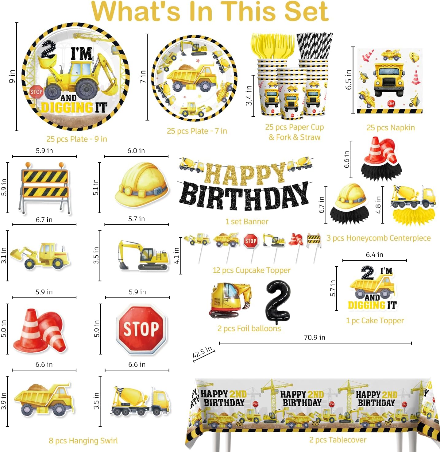 Xynic 187pcs Construction Birthday Party Supplies for 2 Year Old Boy, Complete Paper Tableware Set Includes 300gsm Plates and Waterproof Tablecloths, Im 2 and Digging It Party Decor Serves 25 - Image 3