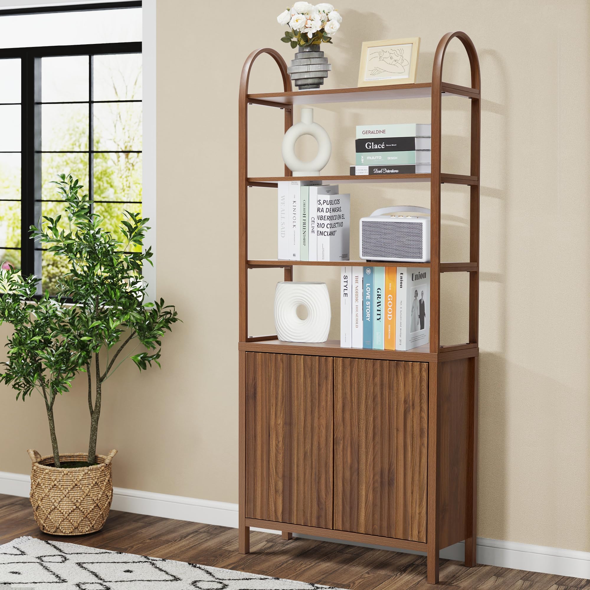 Wavy Front Design 4-stöckiger offener Bücherregal-Aufbewahrungsschrank – MDF-Holz-Regalorganizer für Wohnzimmer, Schlafzimmer, Home Office – Freistehendes modernes Regal mit Türen