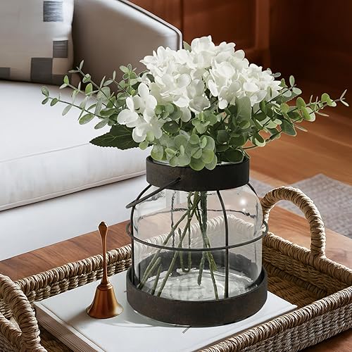 Miniatura 8 de Jarrón de vidrio de granja con flores, jarrón vintage con 1 pieza de hortensia y 5 piezas de ramas de eucalipto, botella de vidrio envejecido