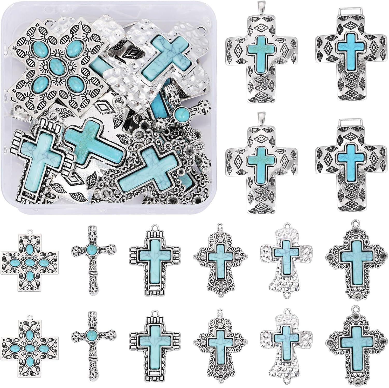 16 Pieces Turquoise Cross Charm Pendant Tibetan Style Cross Charms Alloy Zircon Pendant for Jewelry Necklace Accessories DIY Making Crafts