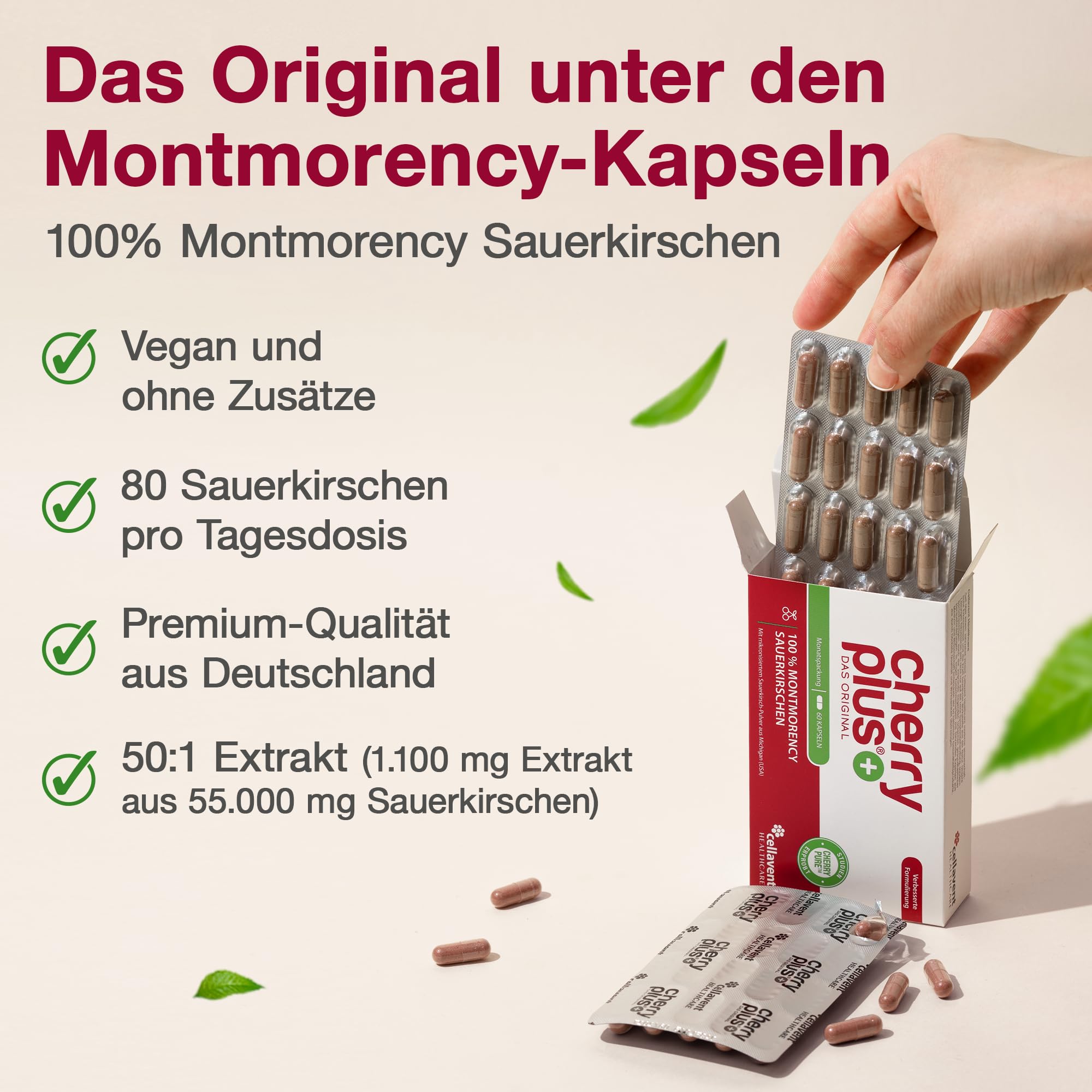 Original Montmorency Sauerkirschen Kapseln – 55.000 mg Sauerkirschen pro Tagesdosis (50:1 Sauerkirsch Extrakt) – 80 Kirschen/Tag – vegan, ohne Zusätze, deutsche Herstellung – Cherry PLUS