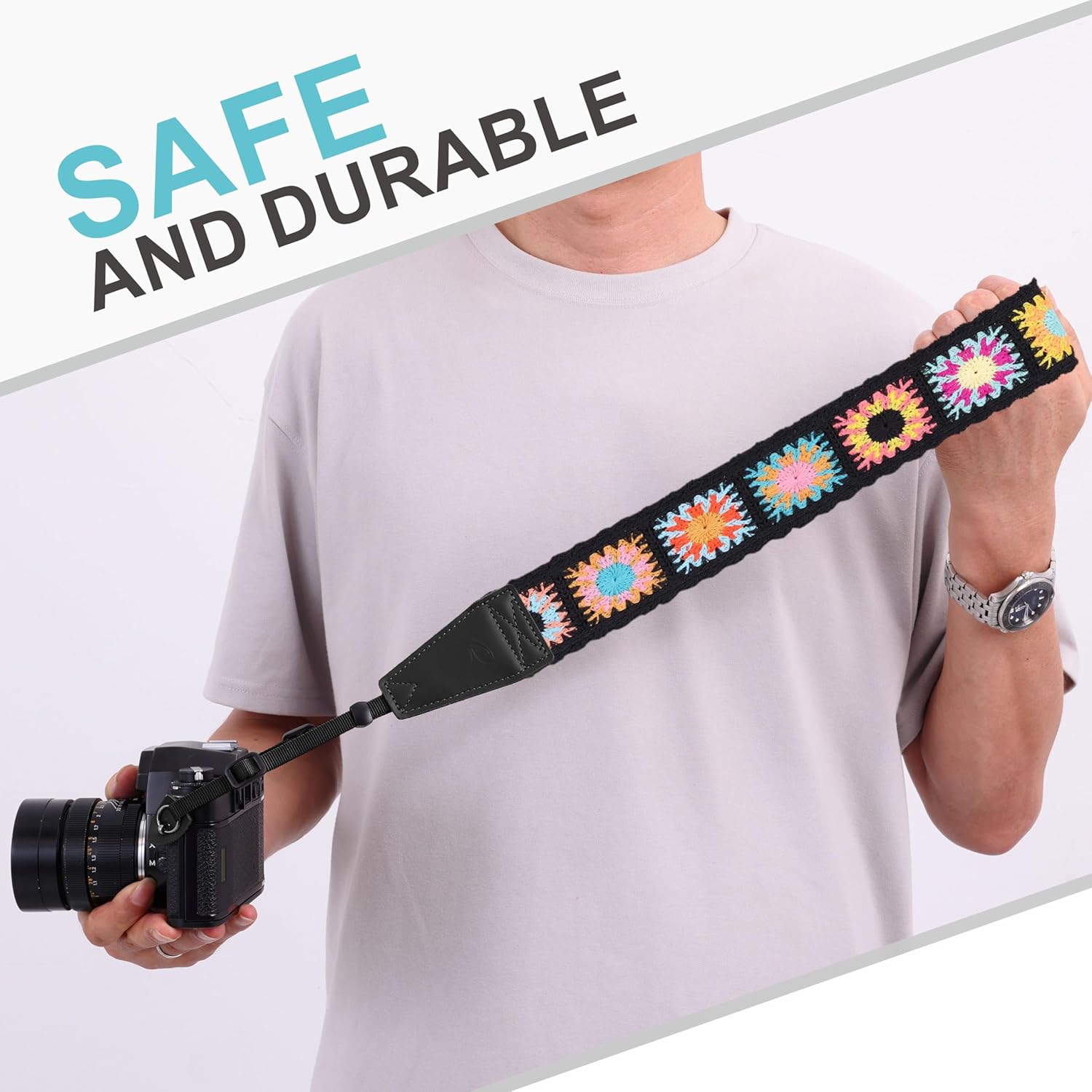 Padwa Lifestyle Colorful Crochet Camera Strap - 2" Full Grain Leather Ends Camera Straps for Photographers, Vintage Embroidered Cotton Soft Suede Fabric Padded Strap Quick Release fits All Cameras