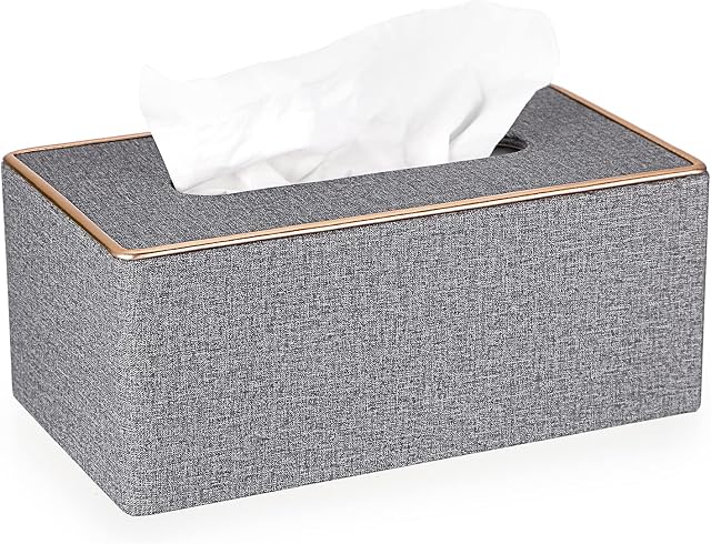 BTSKY Household Rectangular Linen Tissue Box with Decorative Gold Line - Tissue Paper Holder Tissue Cover Holder Tissue Storage Organizer Tissue Dispenser Case Napkin Box, Grey