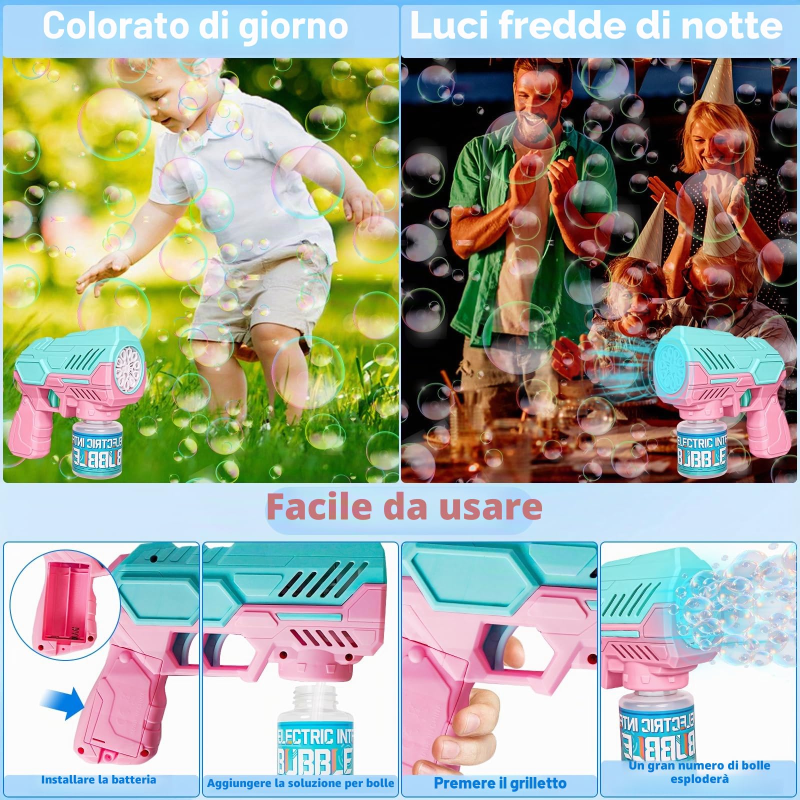 Pistola a Bolle per Bambini, 2 Pcs Macchina Automatica per Bolla di Sapone 10000+ Bolla/Min, Giocattoli a Sapone con Luce LED, 440ml Liquido Incluso, Feste Estive all'aperto Regalo Nozze