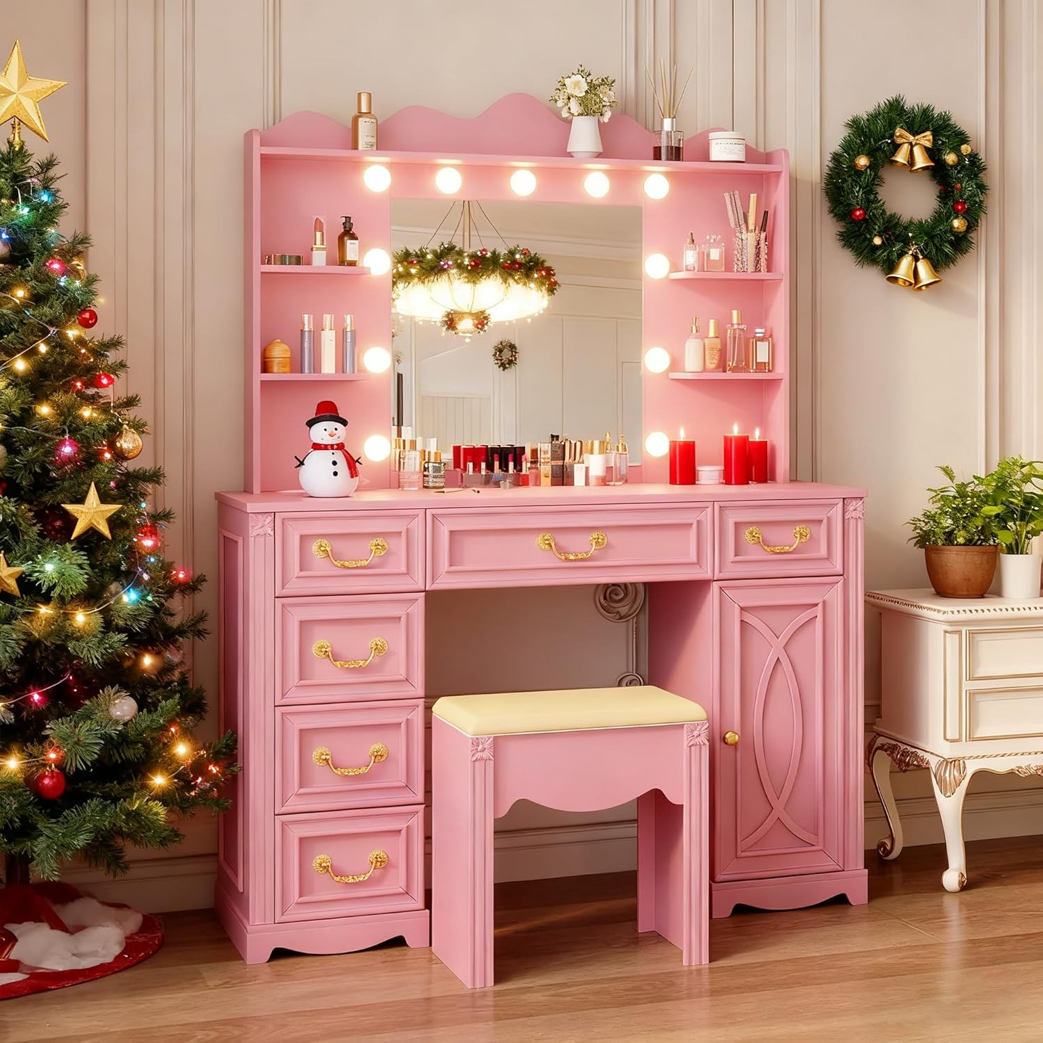433 pink vanity desk with mirror lights storage power outlet