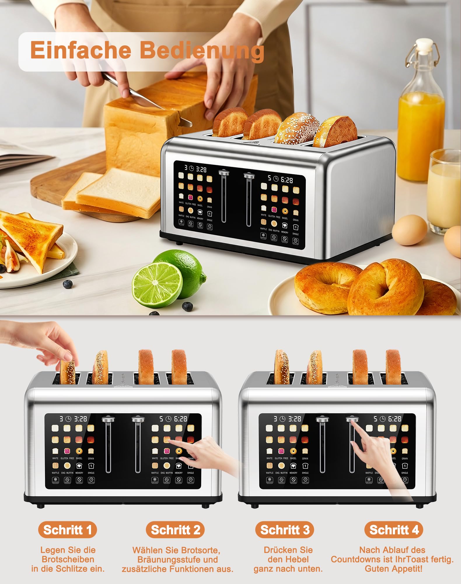 Toaster 4 Scheiben, Edelstahl Langschlitztoaster mit Smart Touchscreen & LED-Countdown, 8 Bräunungsstufen, 6 Brotprogramme, Auftauen & Aufwärmen Funktion, für Bagels & dicke Brotscheiben, 1760W