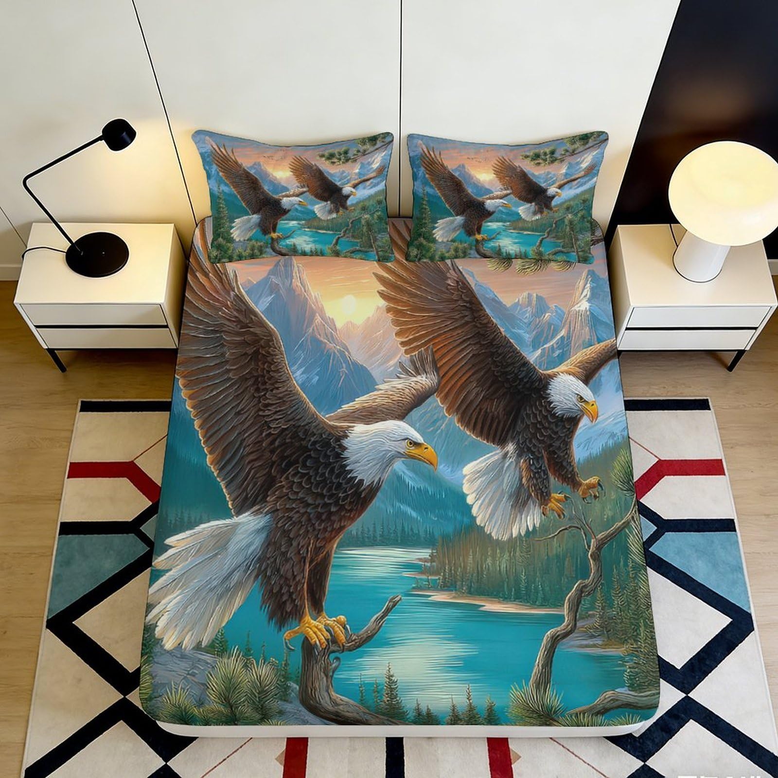 Pnayamiorkfel Style-8 3D Printed Mountain Eagle Fitted Sheet Microfiber Soft Breathable River Landscape Bed Cover For Bedroom Guest Room 90X200x25cm