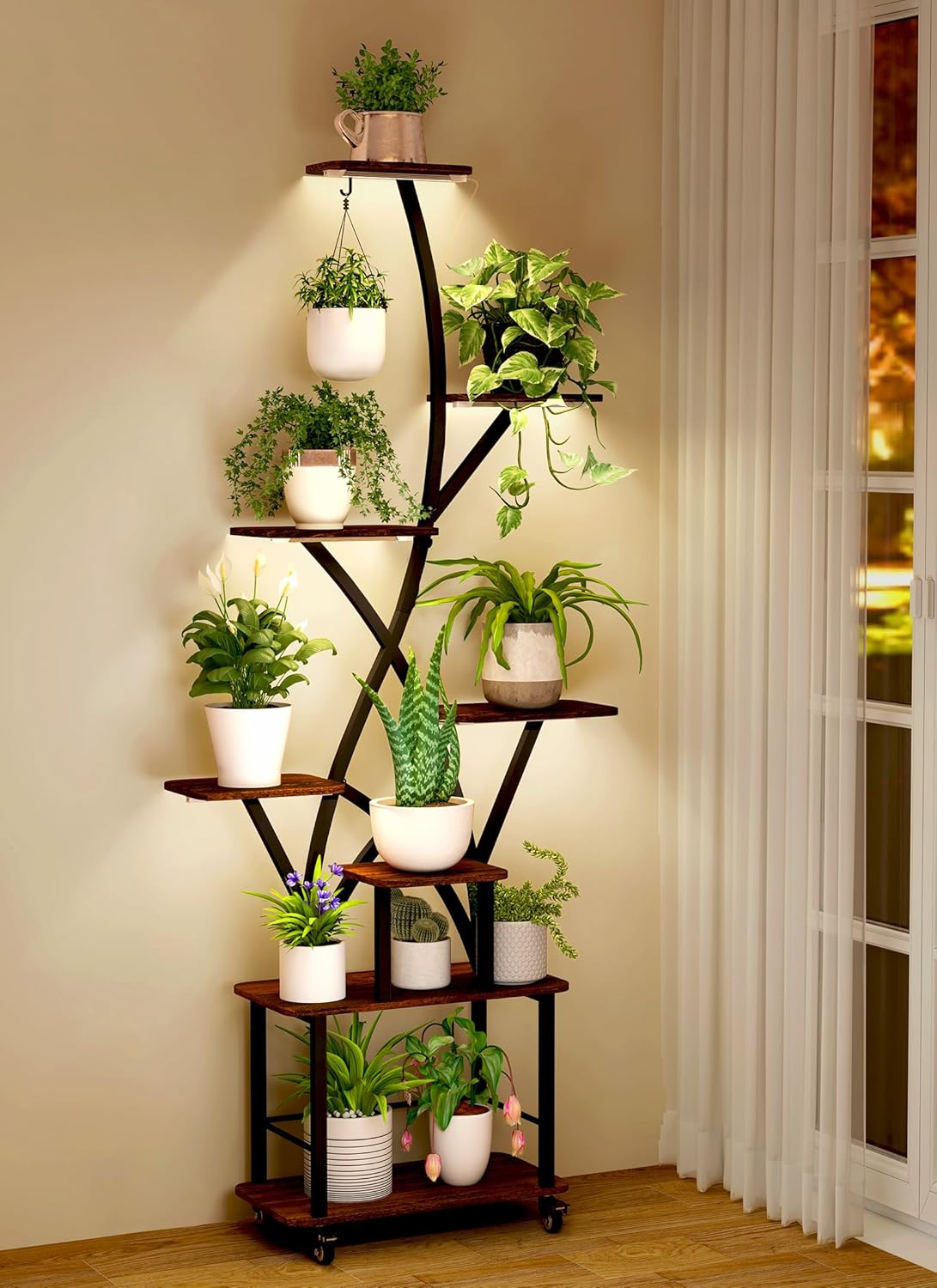 Plant Stand Indoor with Grow Lights, 8 Tiered Plant Stands with Wheel 64" Tall Plant Shelf for Indoor Plants Multiple Metal Plant Flower Holder Corner S-Shaped Plant Rack for Home Patio(Patent Design)