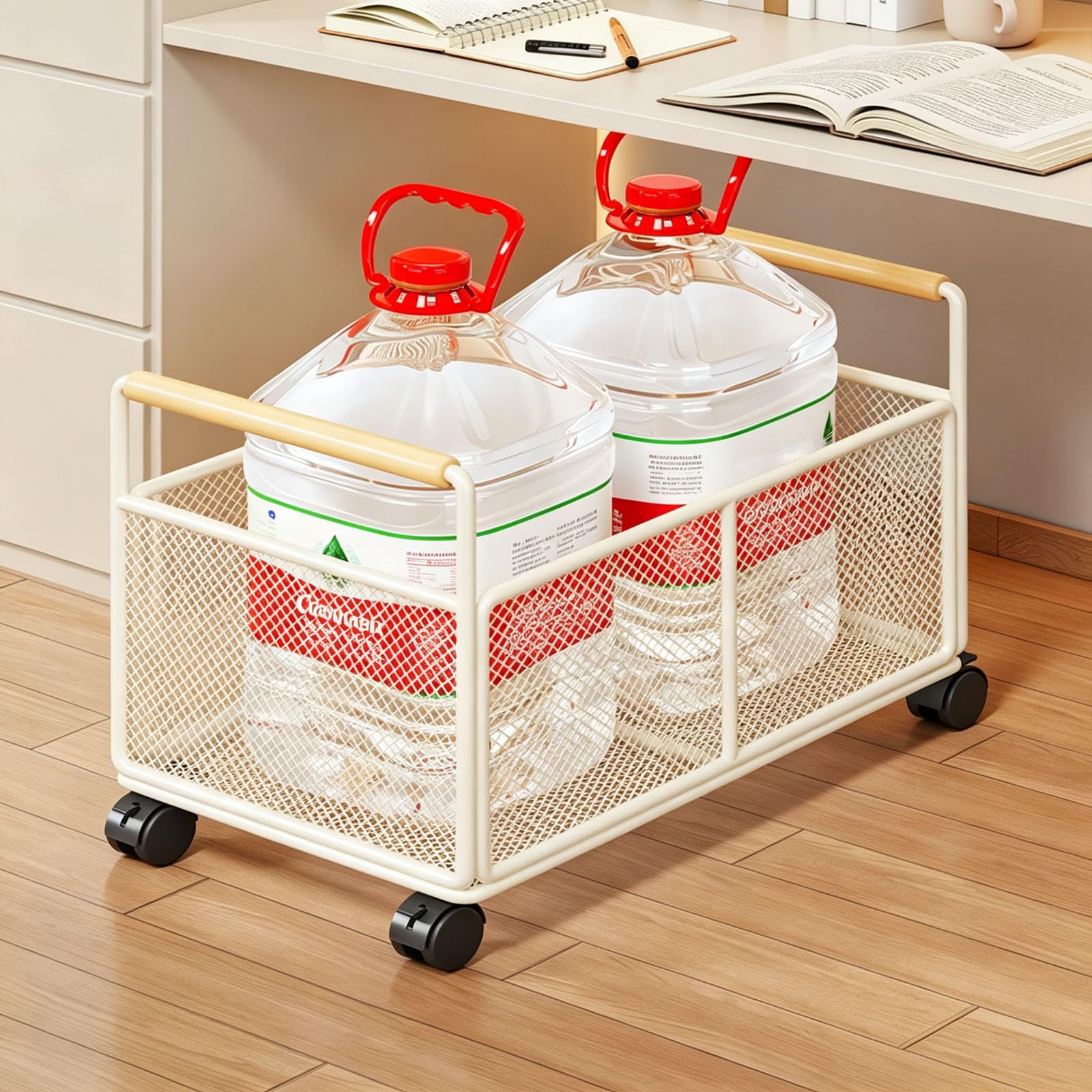 Mavoli Carrito De Almacenamiento De Rejilla Metálica con Ruedas Giratorias De 360° con Bloqueo, Asas De Madera, Organizador De Ventilación Abierta para Cocina, Sala De 48x30x30cm