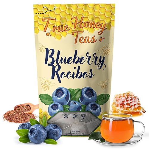 True Honey Blueberry Rooibos Tea Bags - Honey Crystals Blended in Every Sachet - Red Rooibos Tea with Dried Blueberry Juice - All Natural Organic Herbal Caffeine Free Tea Bag 24 Count