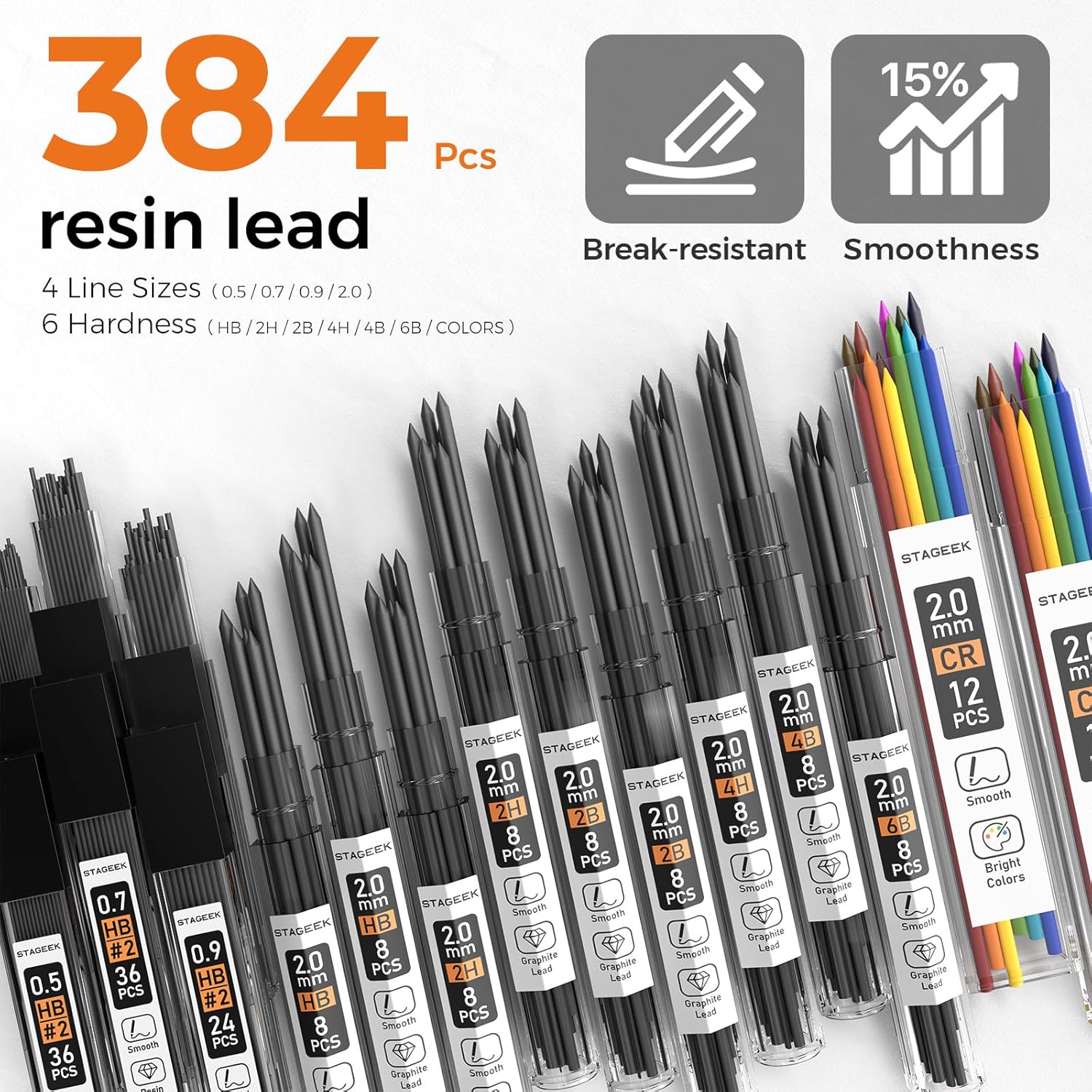 Close-up of 384 pieces of resin lead refills for mechanical pencils