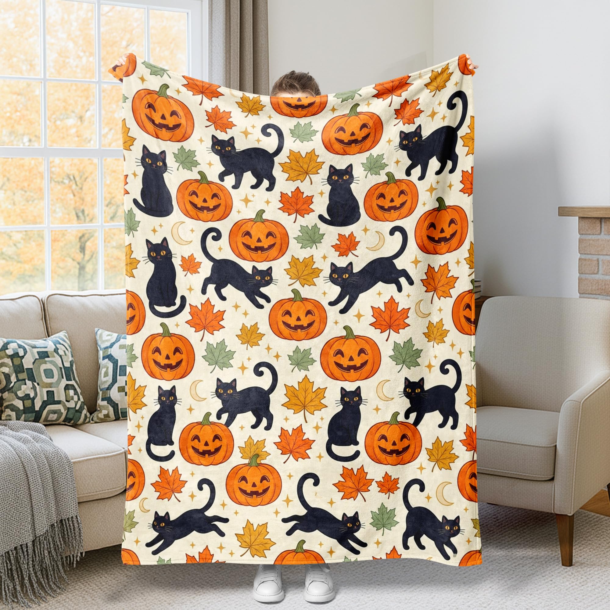 Couverture Halloween motif chat et citrouille : le cadeau réconfortant en flanelle