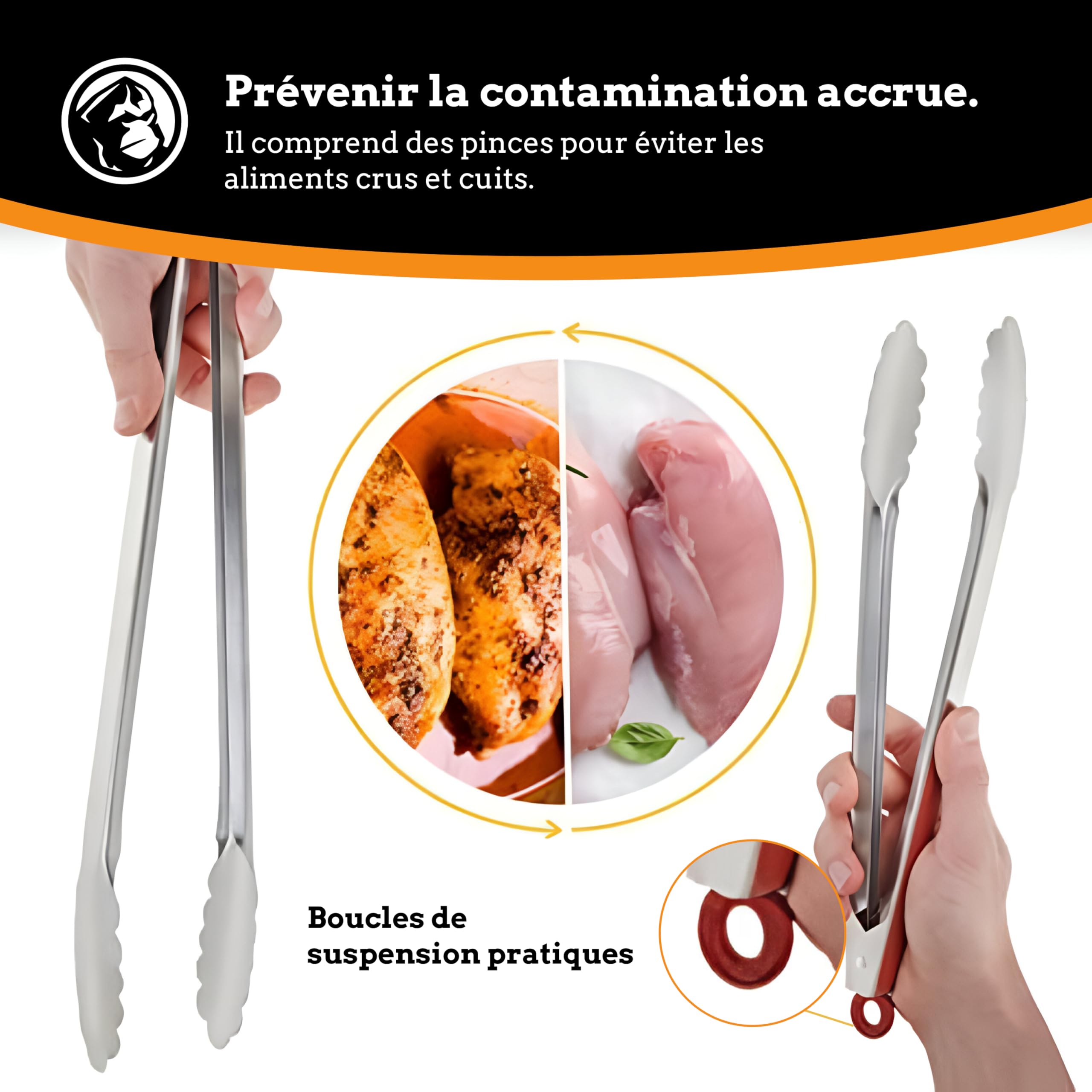 Longues pinces à gril en acier inoxydable (30 et 40 cm) - 2 pinces à gril et à barbecue en métal avec poignée antidérapante résistant à la chaleur - Outils de gril faciles à utiliser et à laver.