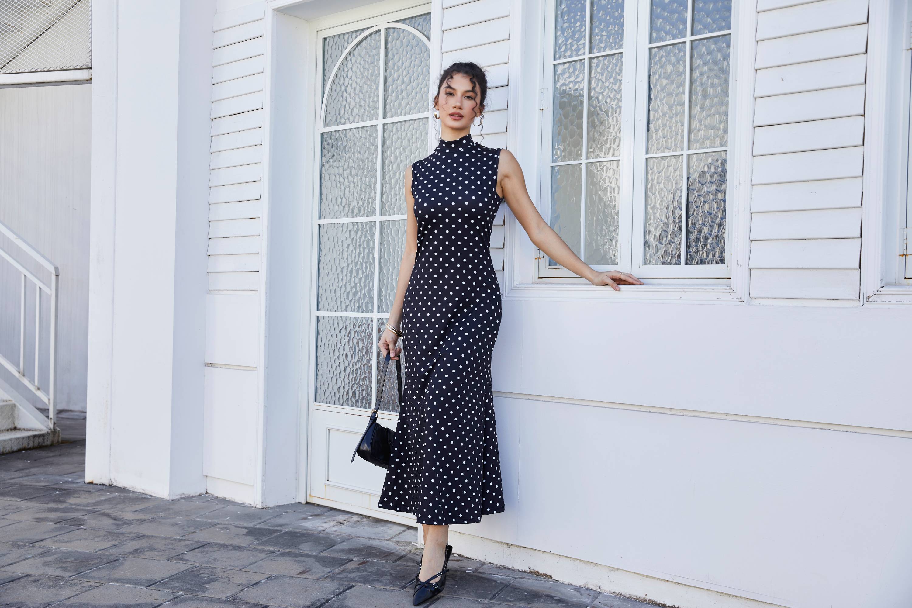 polka dot maxi dress amazon Milumia Women's Polka Dots Maxi Tank Dress Vintage Mock Neck Sleeveless  Elegant Long Dresses Black X-Small at Amazon Women's Clothing store