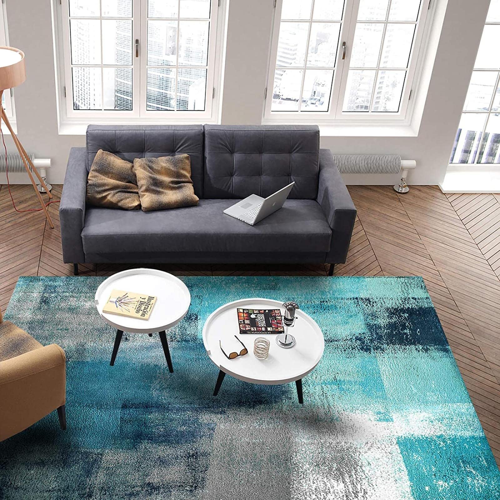 Tappeto Salotto Moderno a Turchese E Grigio Teal Graffiti Arte Astratta, 140 x 200 cm Tappeti Antiscivolo, Tappetone Antimacchia - per Decor del Pavimento del Soggiorno