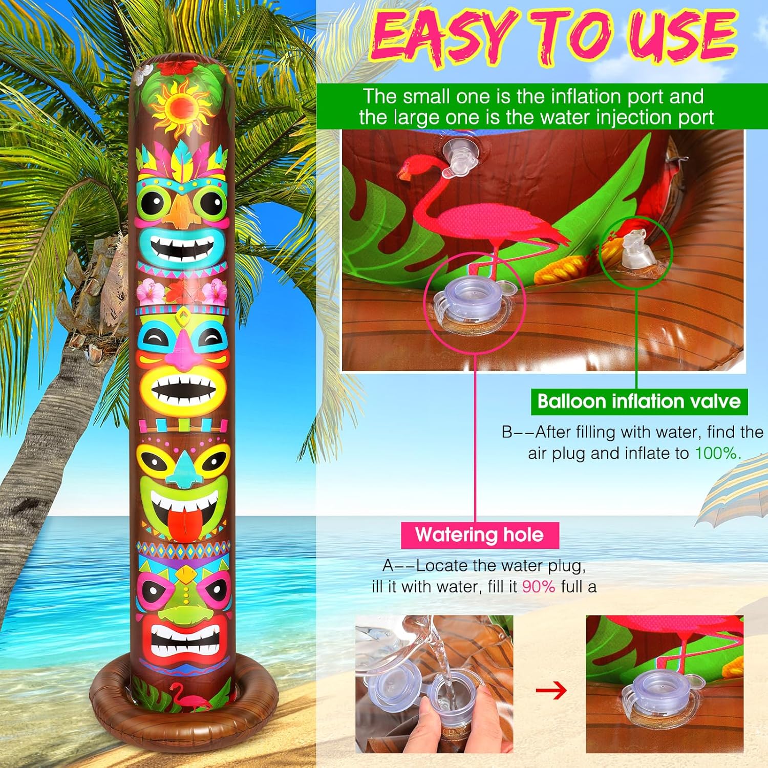Leyndo 6 ft Inflatable Tiki Luau Party Decorations Hawaiian Luau Tropical Inflatables Tiki Decor with Storage Bag Blow up Party Beach Supplies for Hawaiian Bar Summer Pool Decor(Brown,2 Pack)